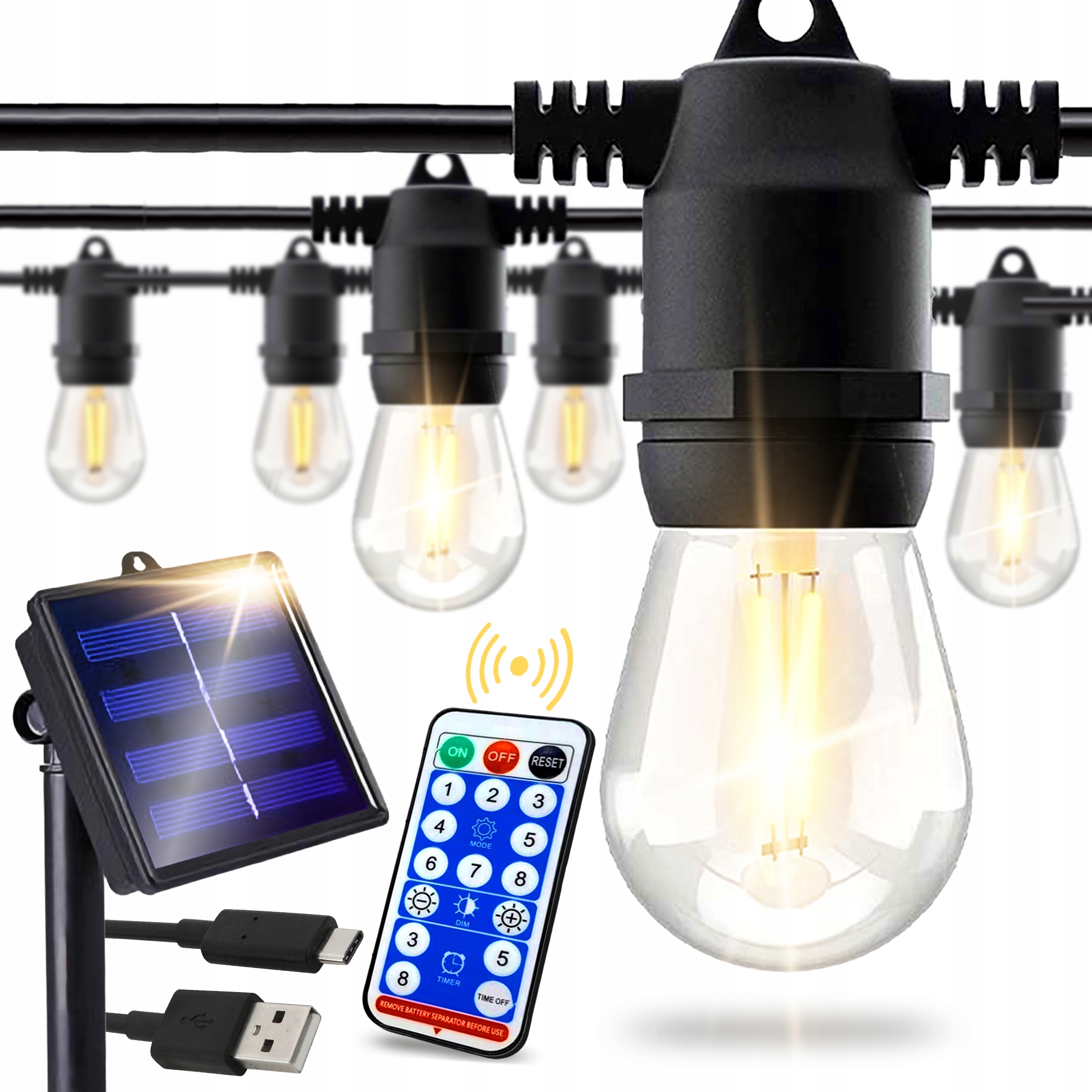 Solární zahradní girlanda Solární lampy 20 m 20 x Led žárovka E27 Dálkový Ovladač