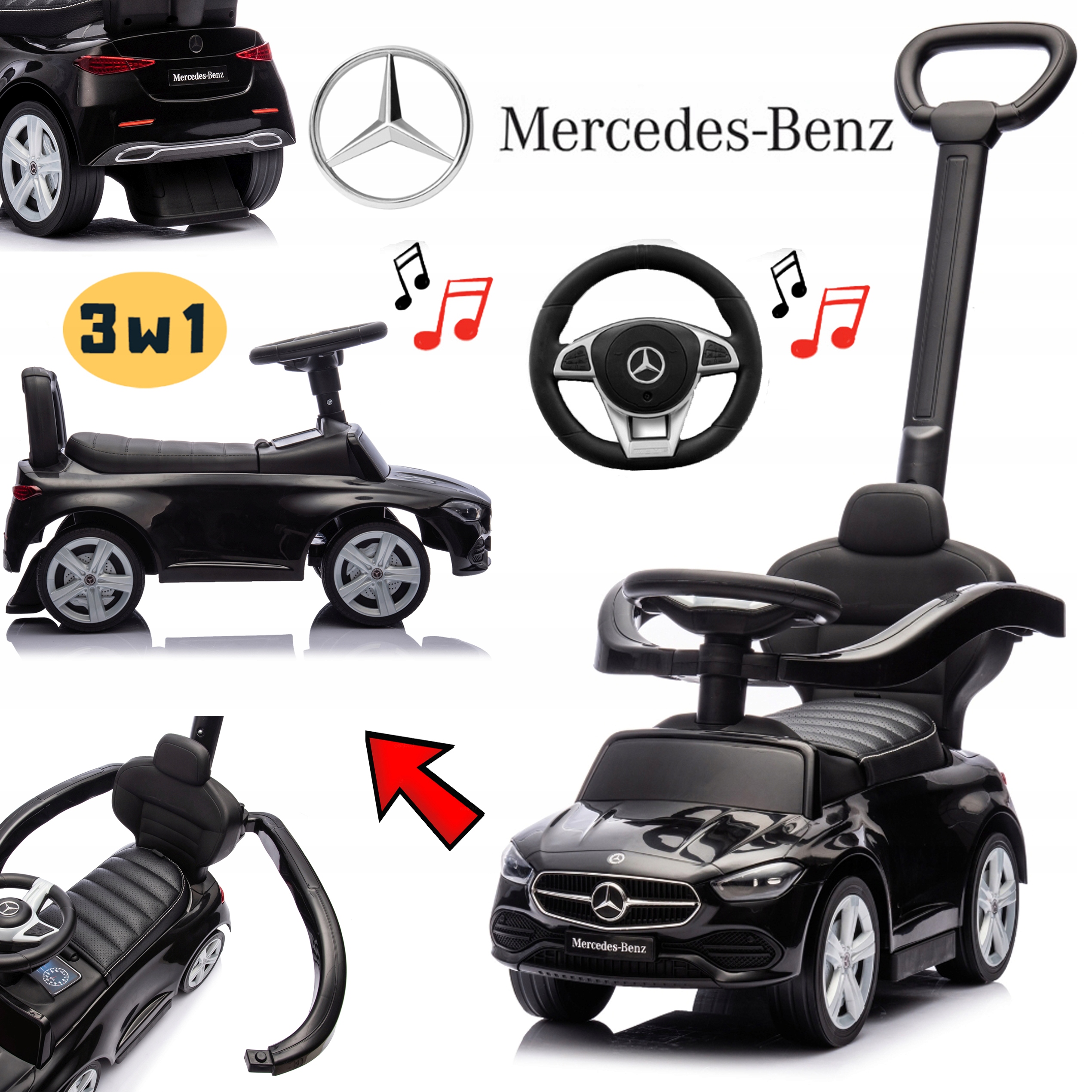 Jeździk Pchacz Chodzik Samochód 4w1 Autko Mercedes Audio Klakson Ekoskóra