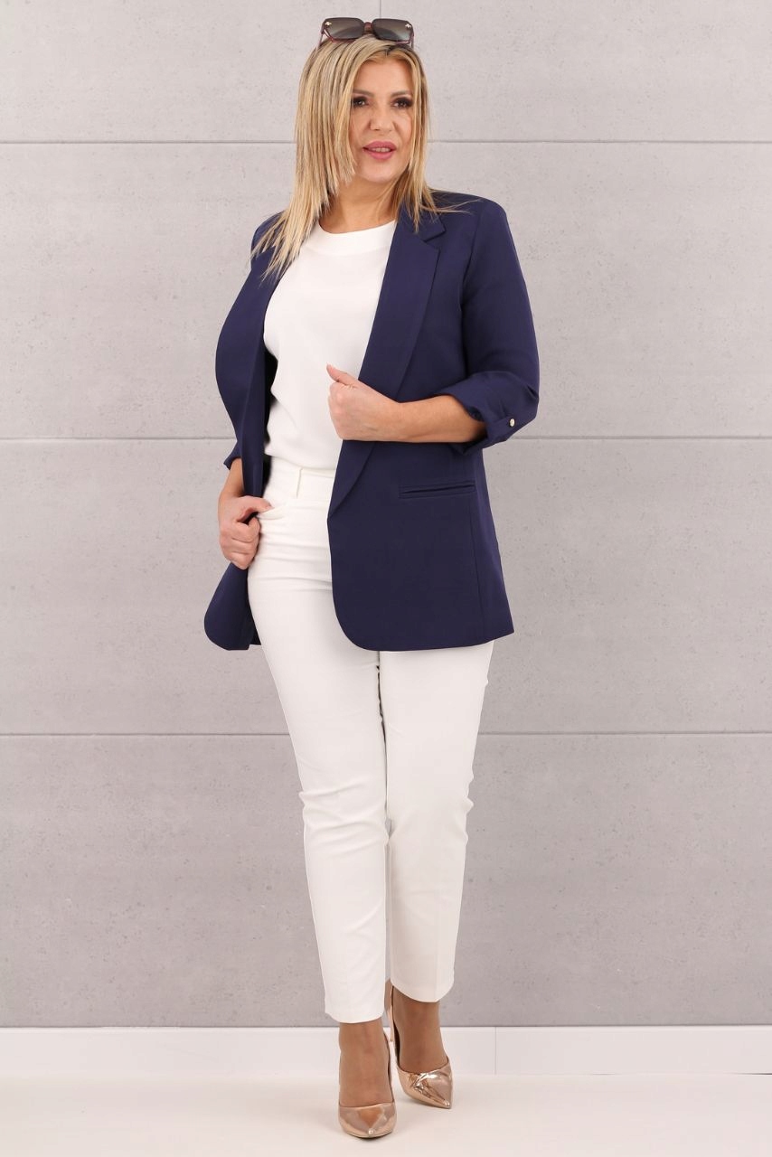 ŻAKIET MARYNARKA DŁUGA ELEGANCKA GŁADKA POLSKI PRODUCENT ROZMIARY Kolor niebieski