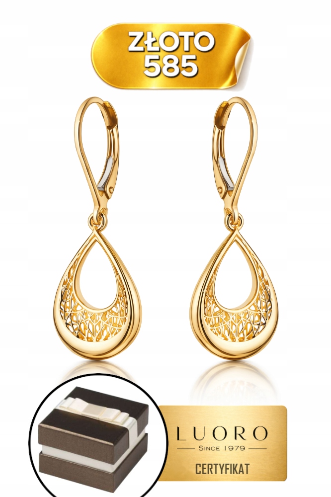 Náušnice Zlaté 585 14K Slzy Ažurové Délka 3,5 CM Elegantní