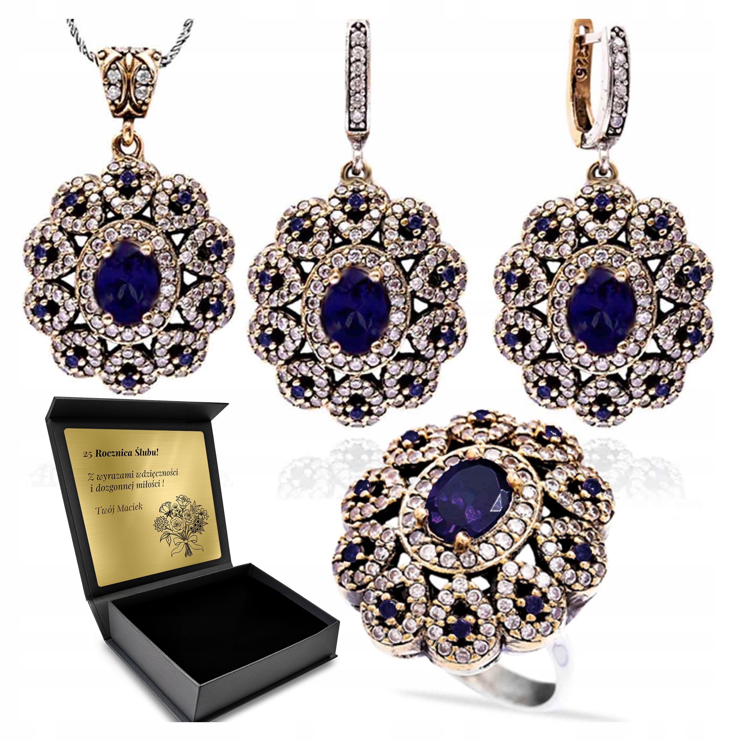 Komplet Stříbrných Šperků 925 Zirkony Safírová Sada Pro Ženu Gravírování