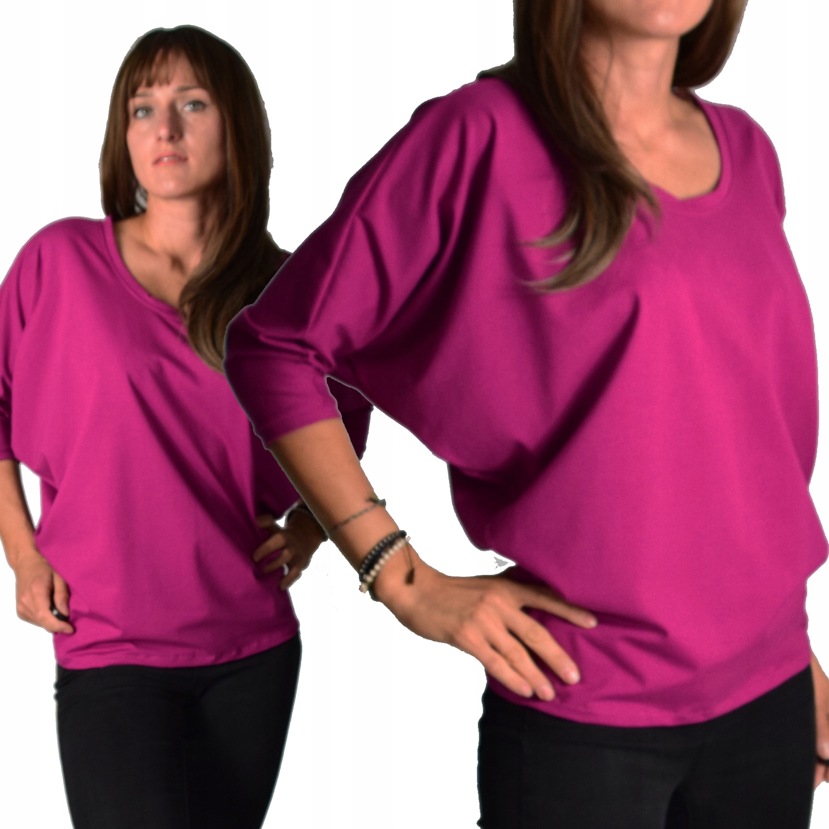 fuksja casualowa luźna bluzka nietoperz Polska Collibri Elza 1417 M/L