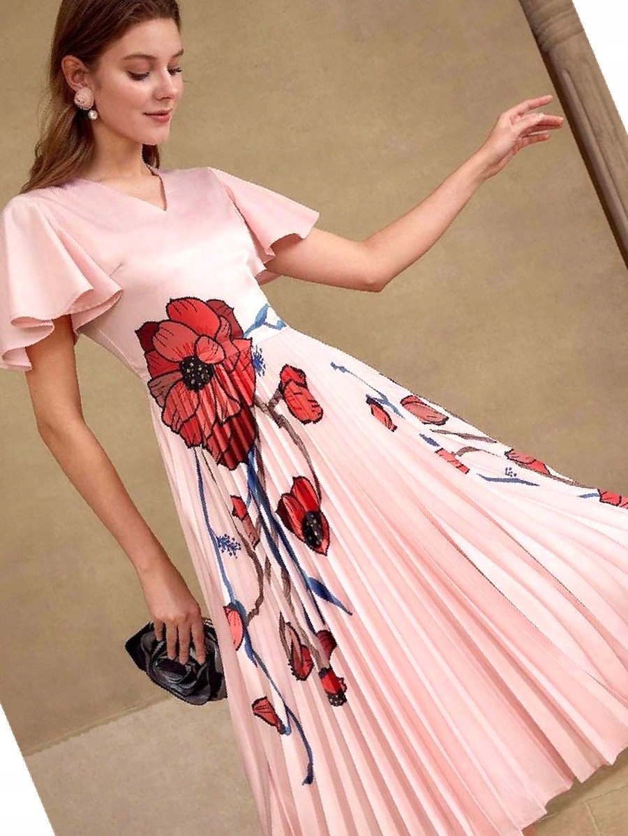 Šaty Plisovaná Balová Midi s květinami Premium Motf L 40