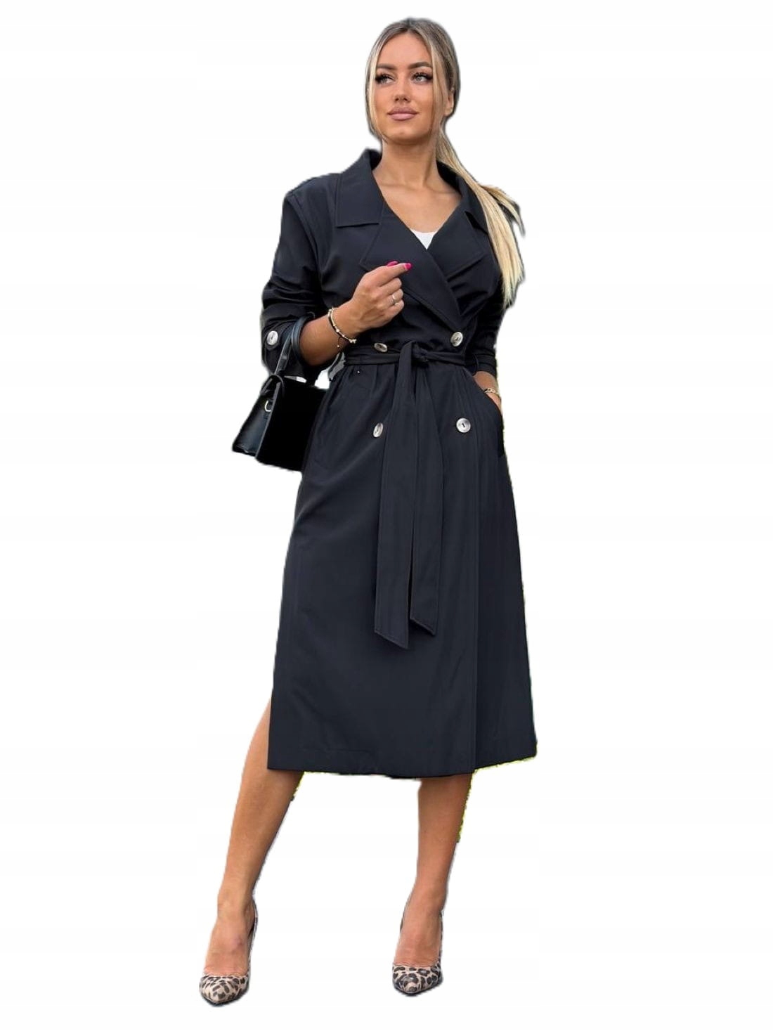 Czarny płaszcz damski trencz prochowiec Marina 36 S