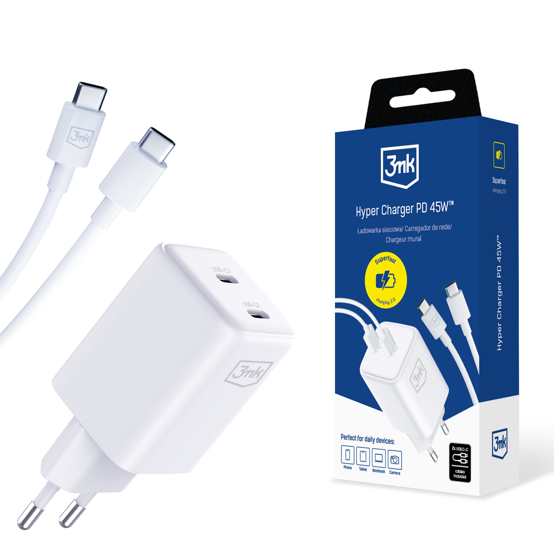 3MK Hyper Charger síťová nabíječka Pd GaN 45W kabel Usb C to C White
