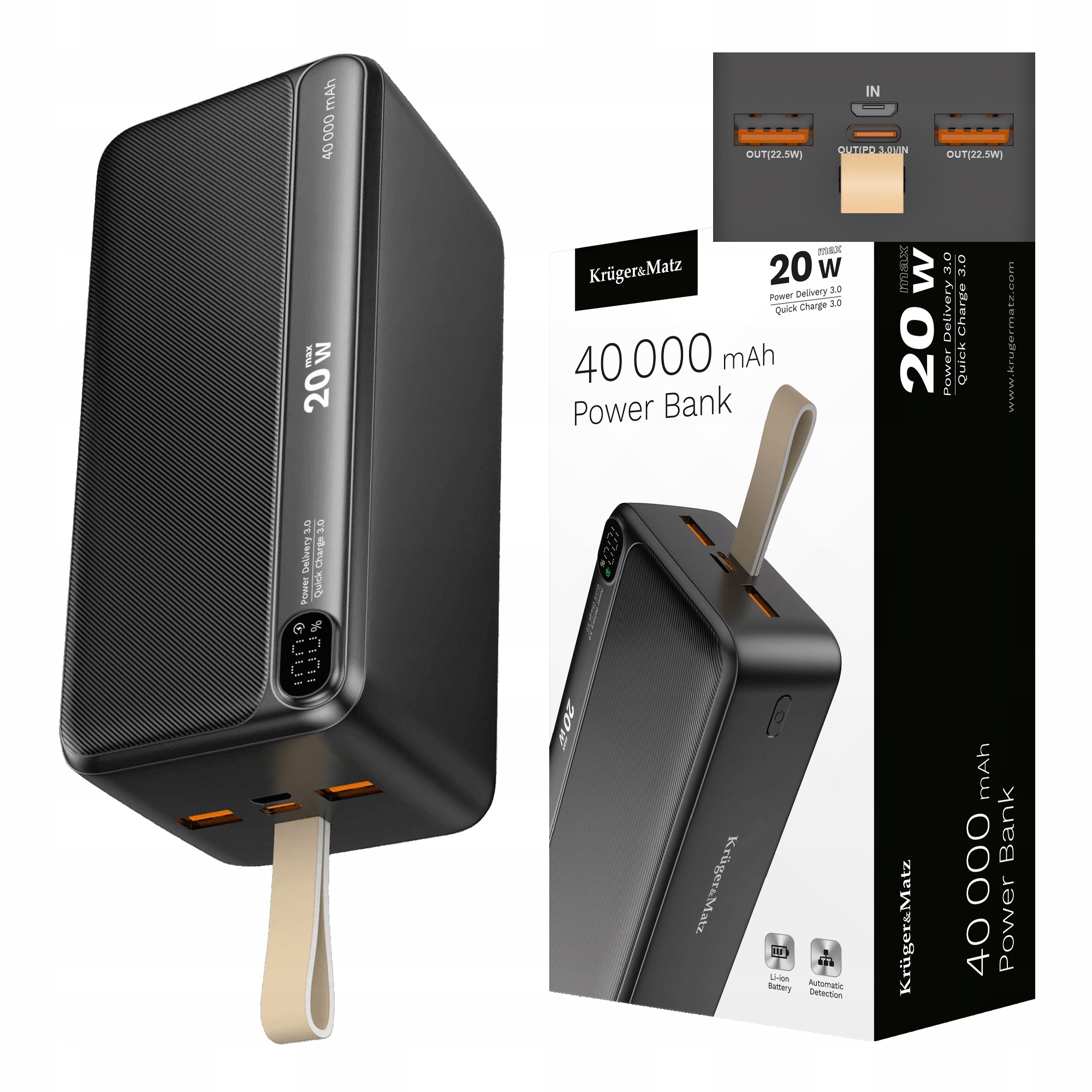Power banka 40000 mAh 20W Qc Pd Usb-c KrugerMatz KM0908