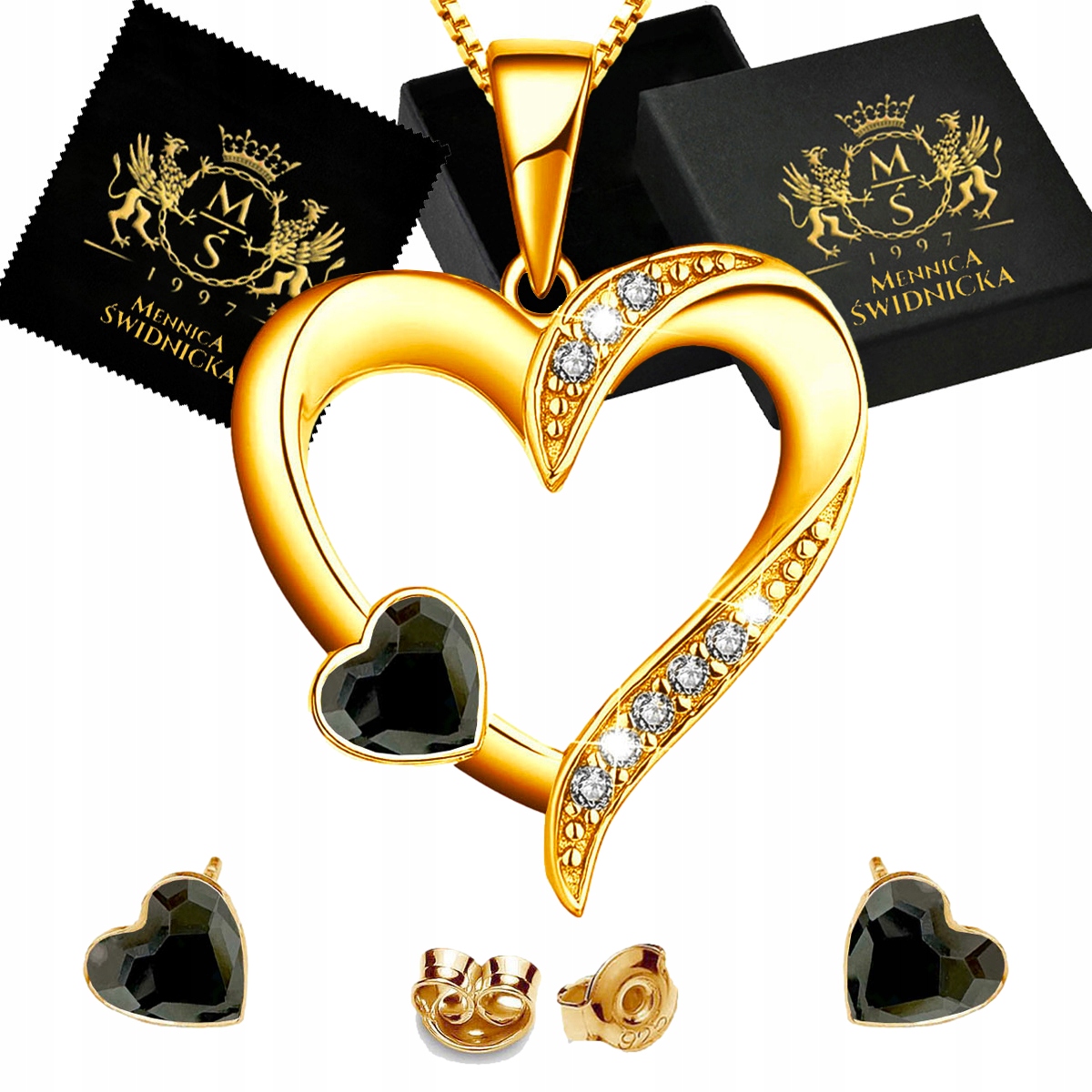 Zlatý komplet srdce Stříbro 925 Náušnice a náhrdelník Dárek k narozeninám