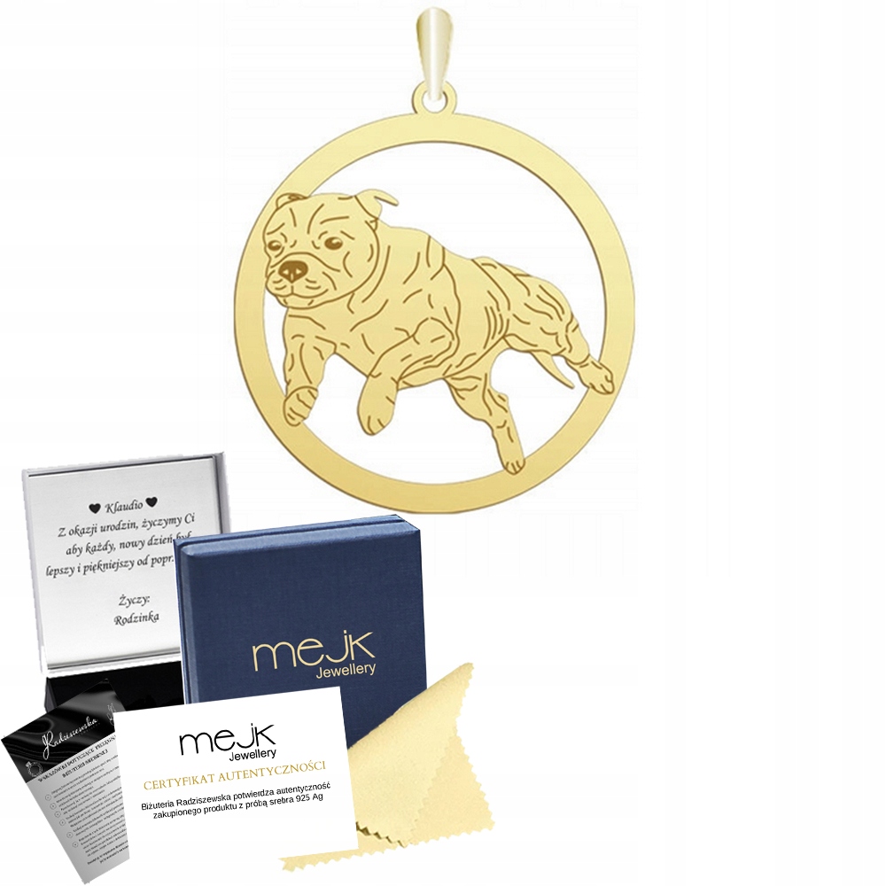 Zlatý přívěsek se psem Staffordshire Bull Terrier 925 Žena Gravírování
