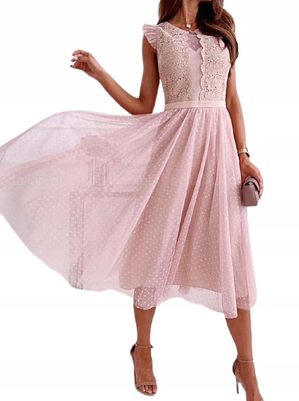 MD tiulowa różowa sukienka koronka kropeczki | M