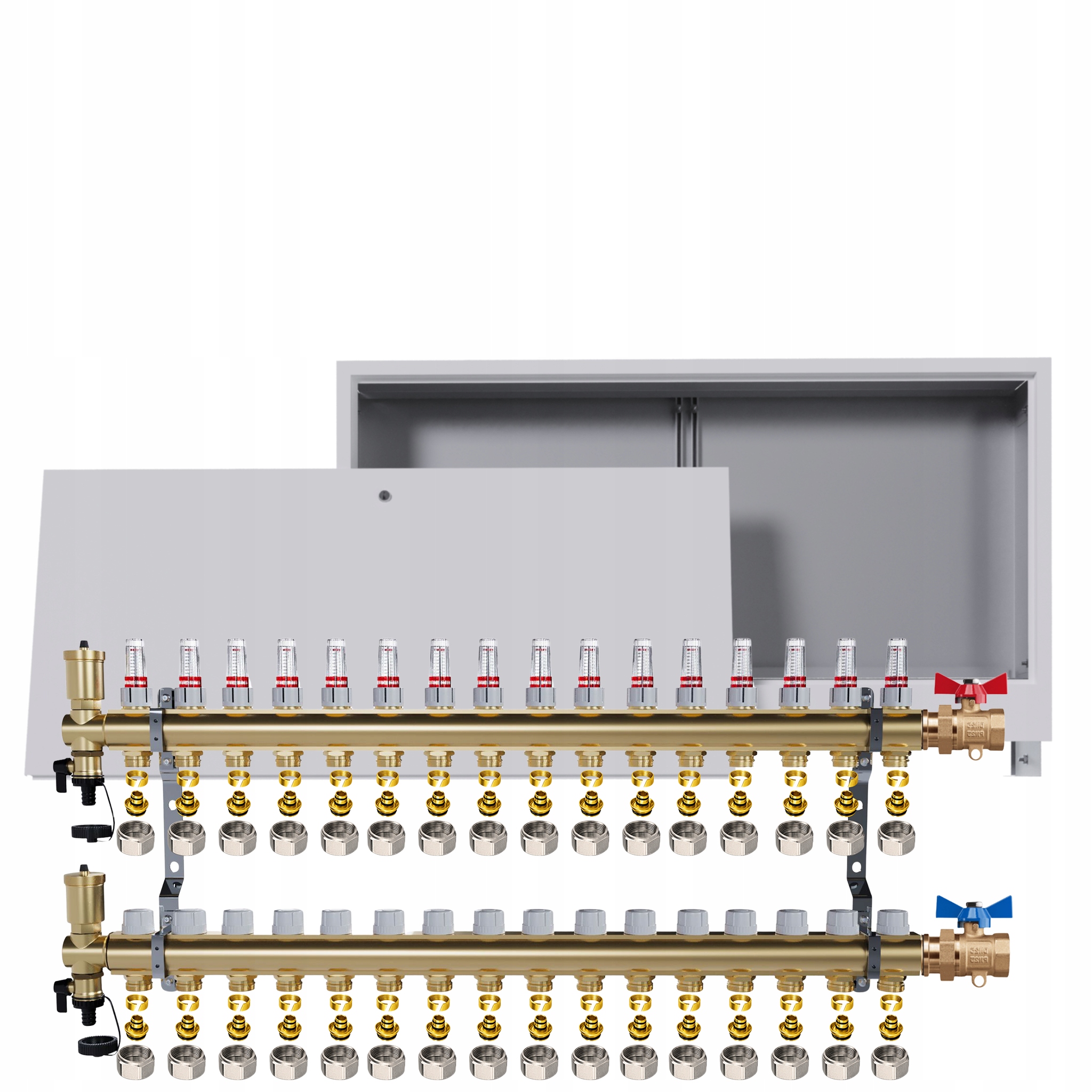 Rozdělovač podlahový mosazný 16 okruhů Podomítková skříň Ventily Pex