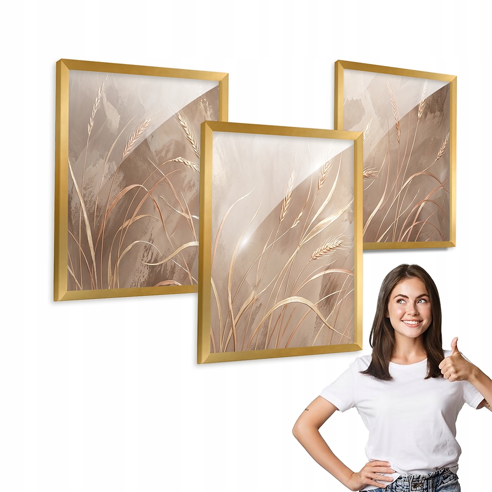 Sada 3 obrazů Zlaté Obiloviny, Béžová zlatý rámeček 40x50, do obývacího pokoje, kanceláře