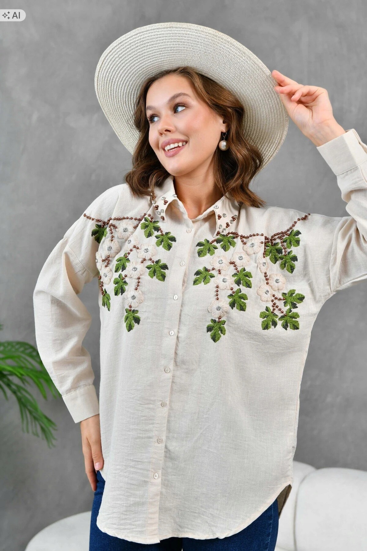 Volná Béžová Košile S Výšivkou A Korálky Boho S 5IA