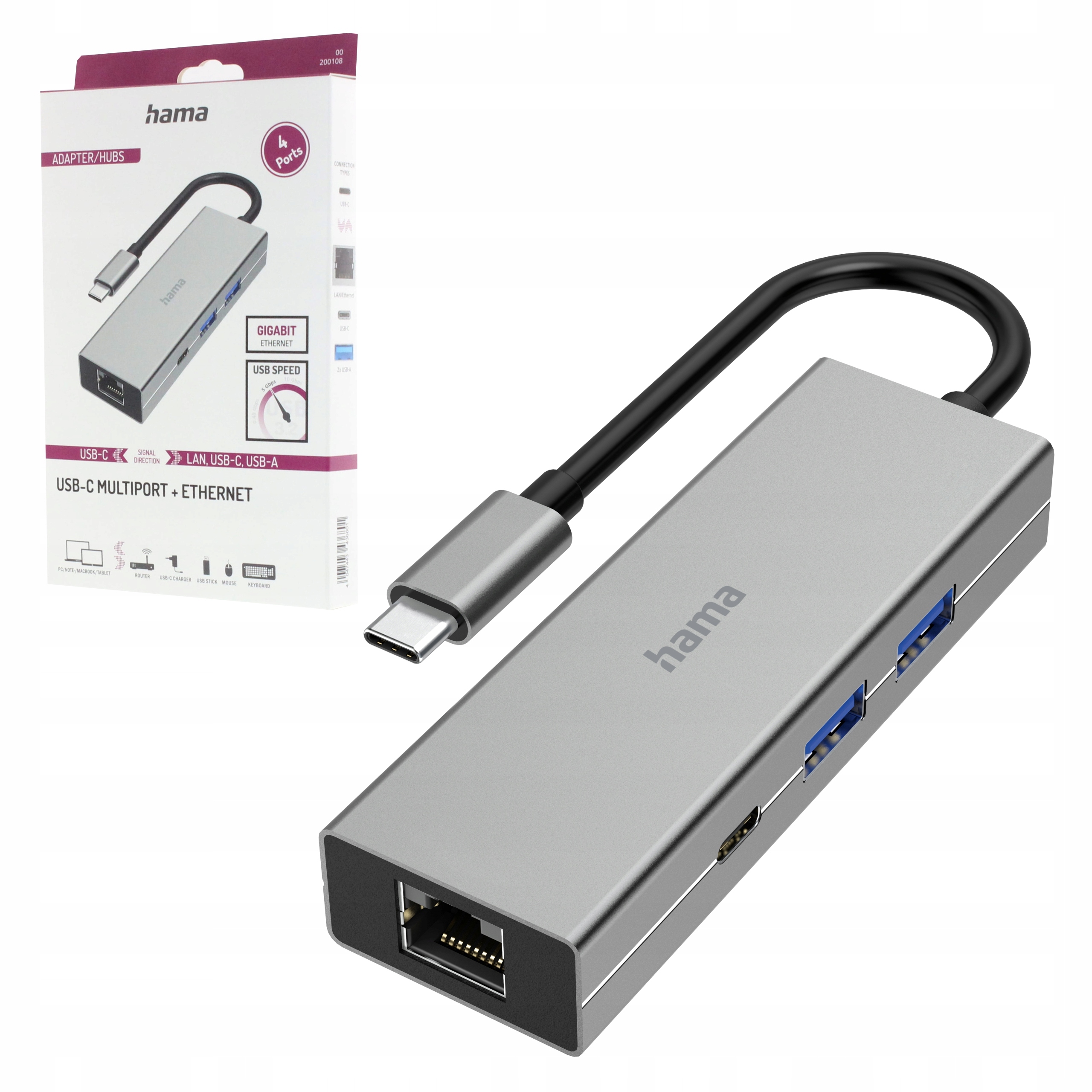 Hama Multiport Hub Adapter Rozdzielacz 2x Usb-a 3.2 1xUSB-C 1xLAN Thunderbo