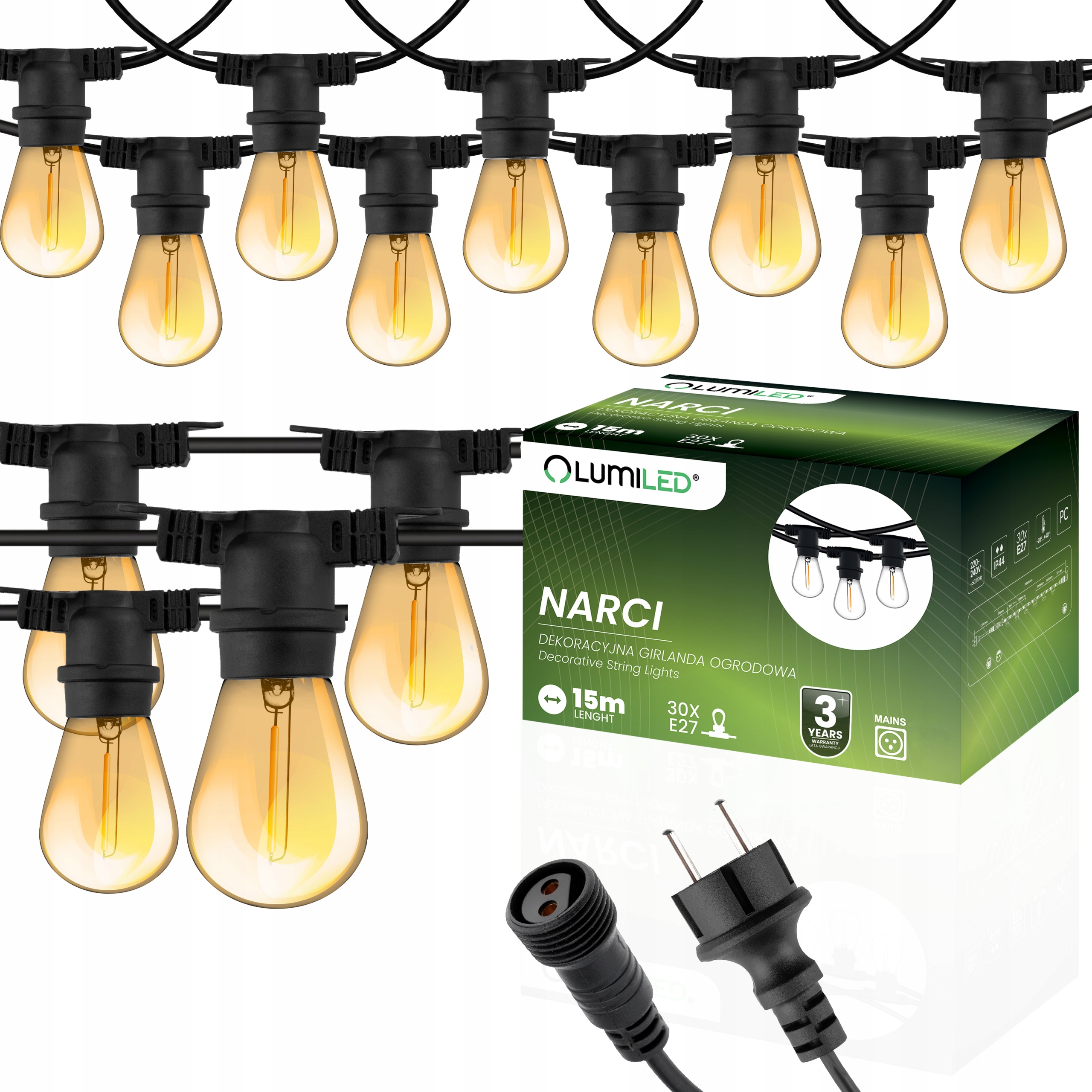 Venkovní zahradní girlanda Světelný řetěz Ozdobný 30x Led Žárovka 15 m