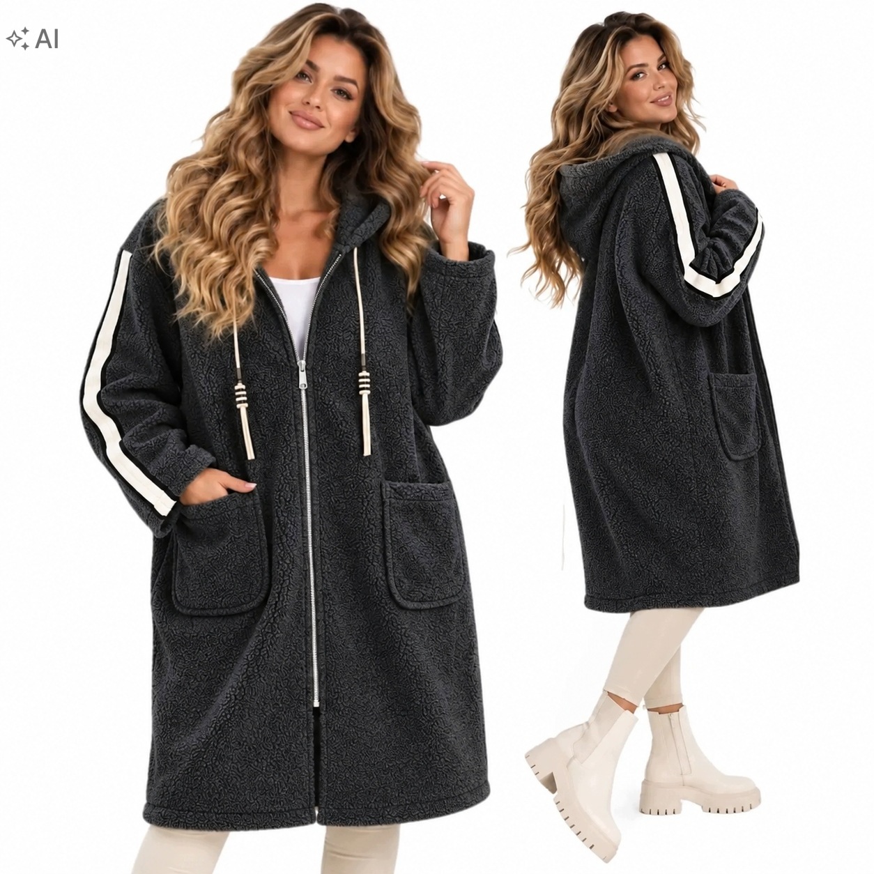 5939 Dámský kabát s lampasem Kapuce Bukla Zip měkký 50 52 5XL 6XL