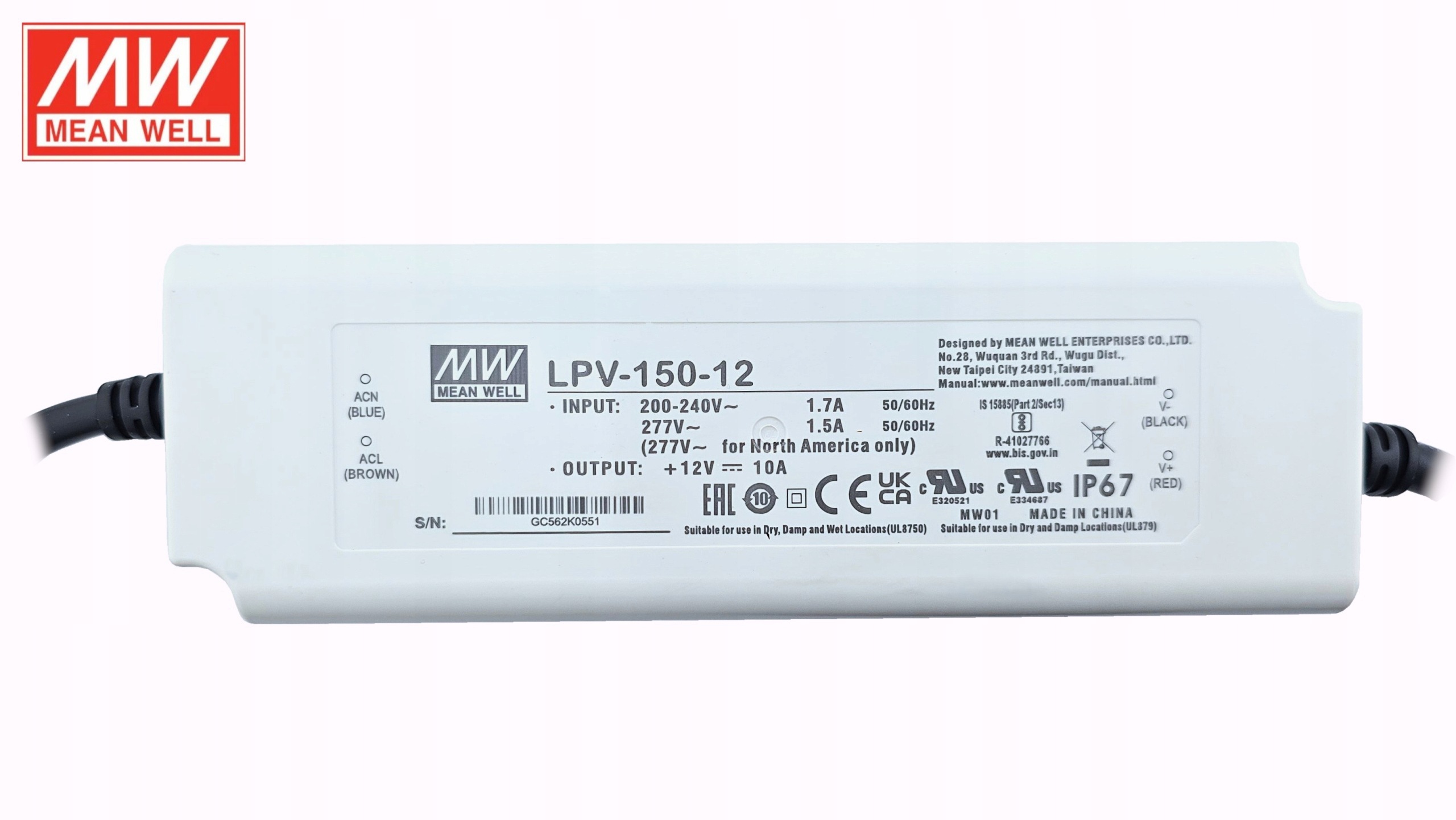 Led zdroj 150W 12V Mean Well vodotěsný IP67 LPV-150-12