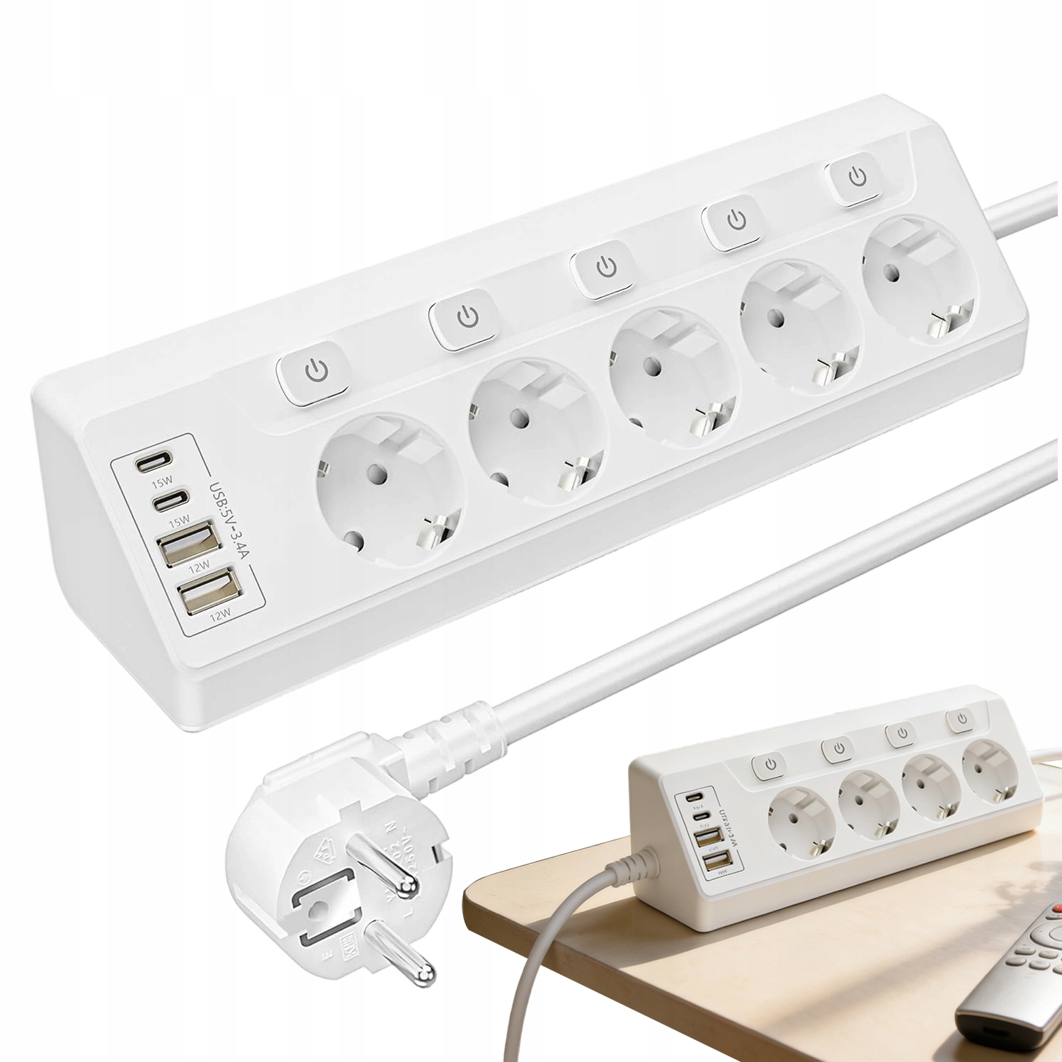 Zásuvková Lišta 5 Zásuvek Úhel 45° Kompaktní: 2×USB-A 2×USB-C Kabel 2 M