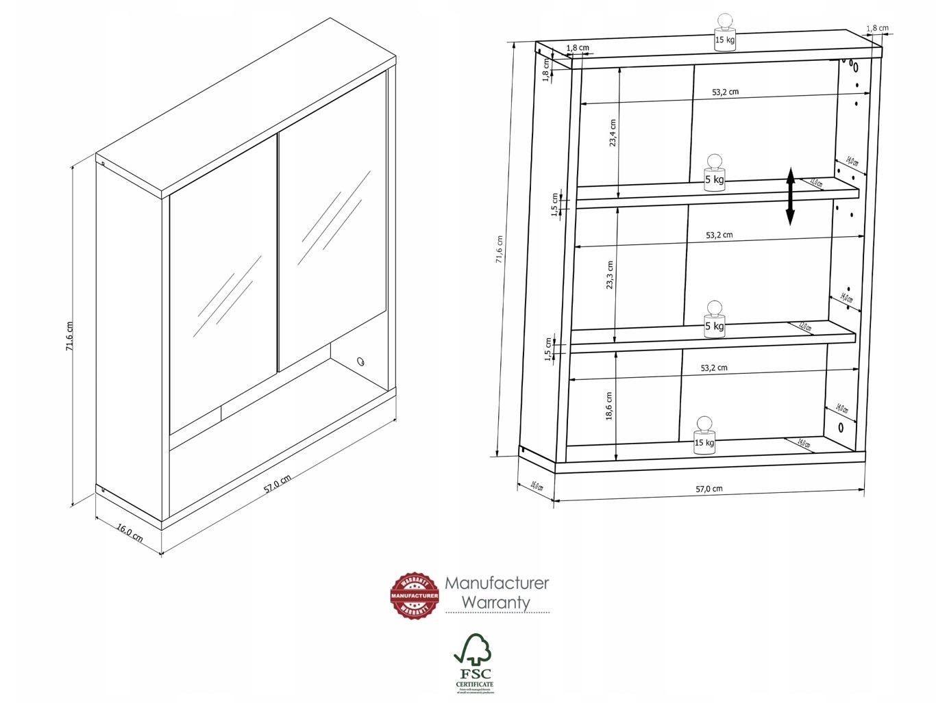 SZAFKA ŁAZIENKOWA Z LUSTREM WISZĄCA NAD UMYWALKĘ BIAŁA SUNSET 57x72x16 Marka Home Concept