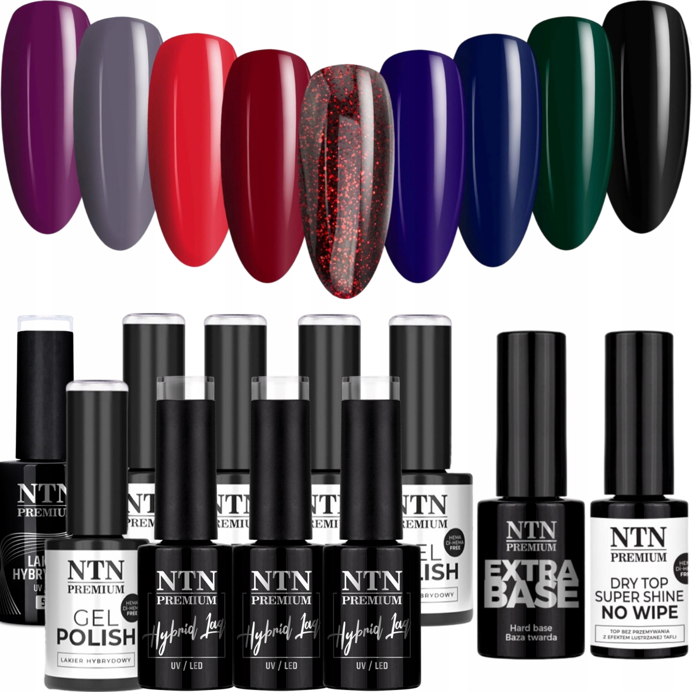 9x Lakier Hybrydowy Ntn After Midnight Collection Baza Top Zestaw