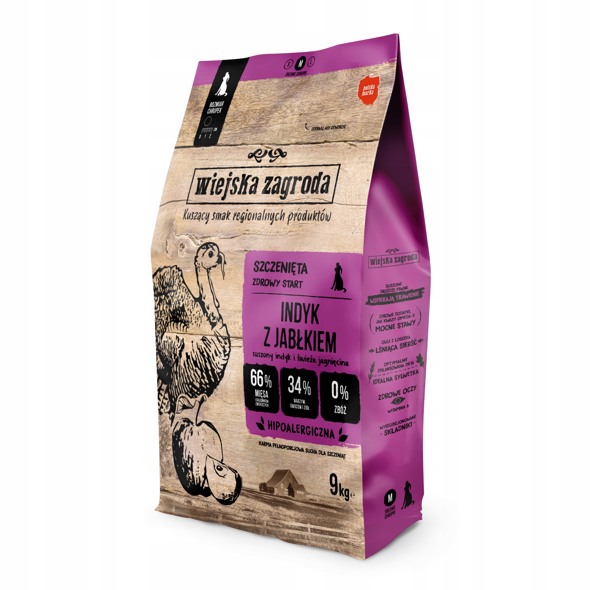 Wiejska Zagroda Karma sucha dla psa Indyk z jabłkiem (szczeniak) M 9kg