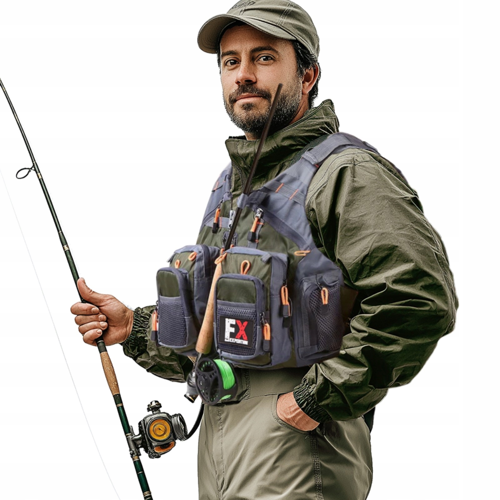 Kamizelka Wędkarska 7 Kieszeni Zielono-szara Fishing Expedition MaxiVest