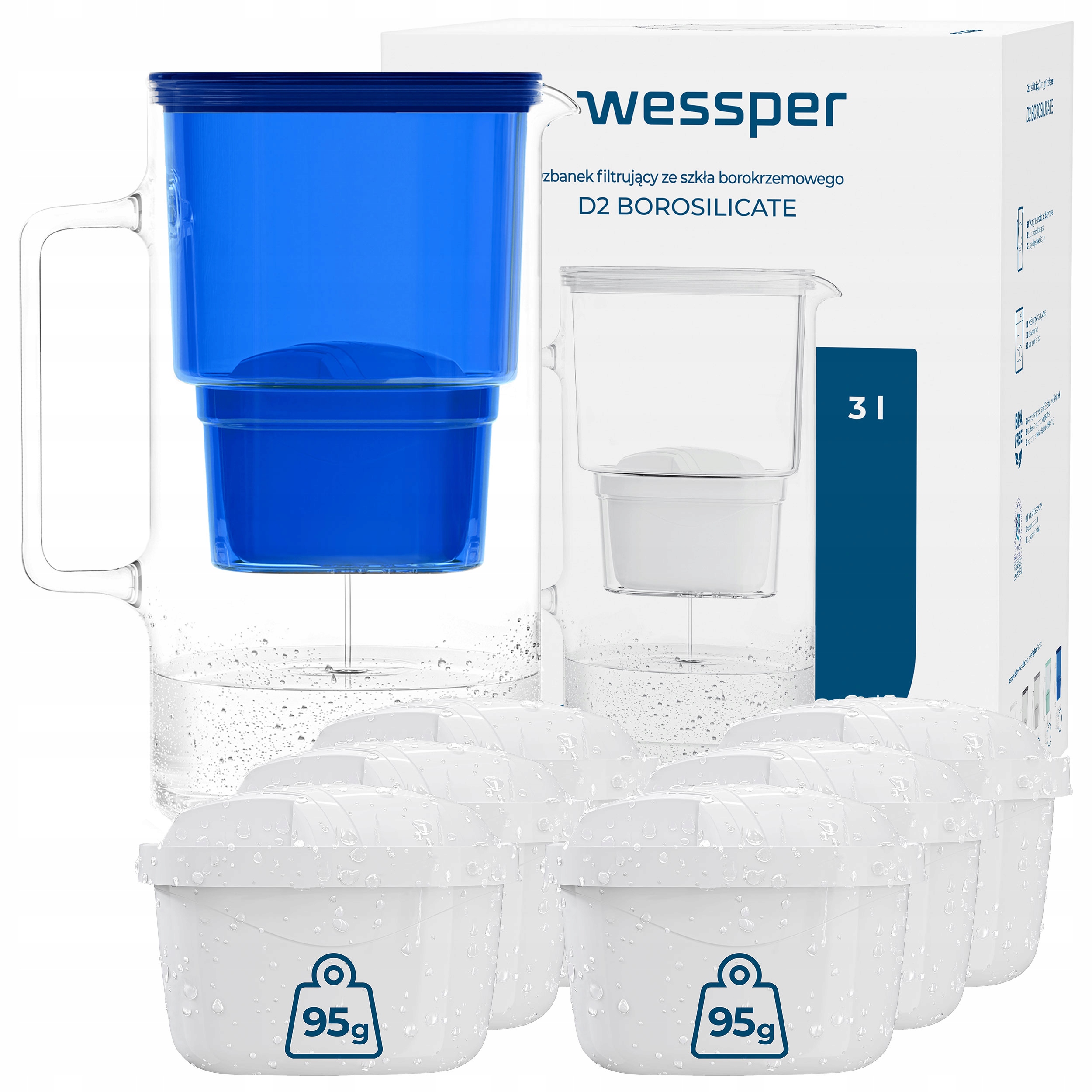 Filtrační konvice skleněná Wessper D2 Borosilicate 3 l modrá 7x filtr