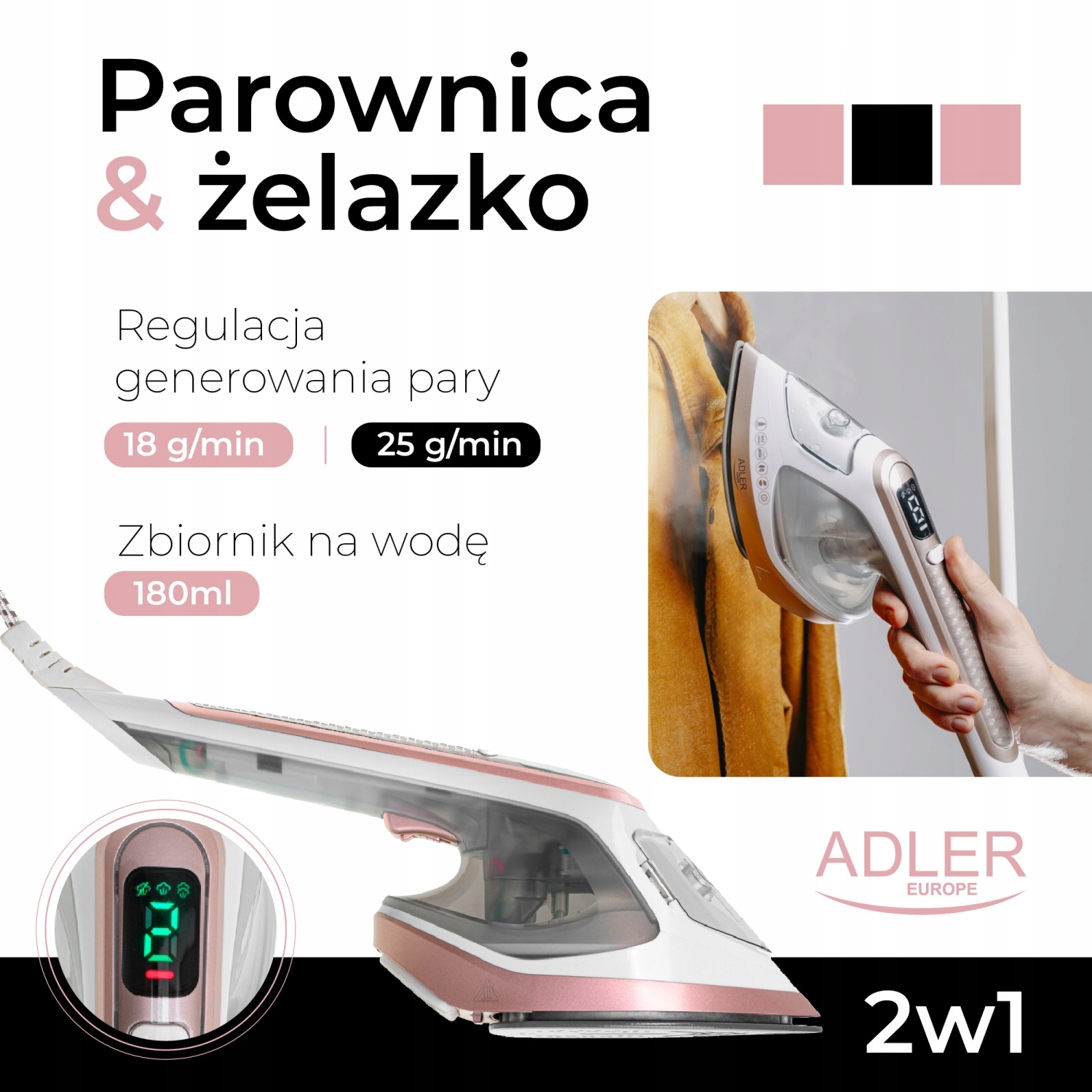 Parownica i żelazko 2w1 Adler AD 5044 - szybkie prasowanie w pionie