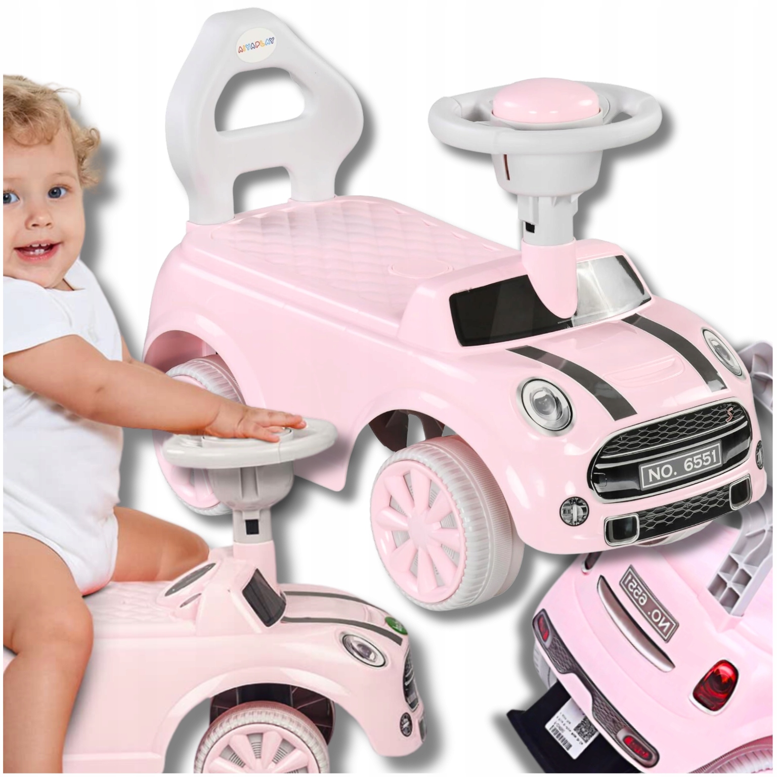 Jeździk Chodzik Pchacz Auto Mini Cooper Różowy Dźwięki Klakson Dla Dzieci