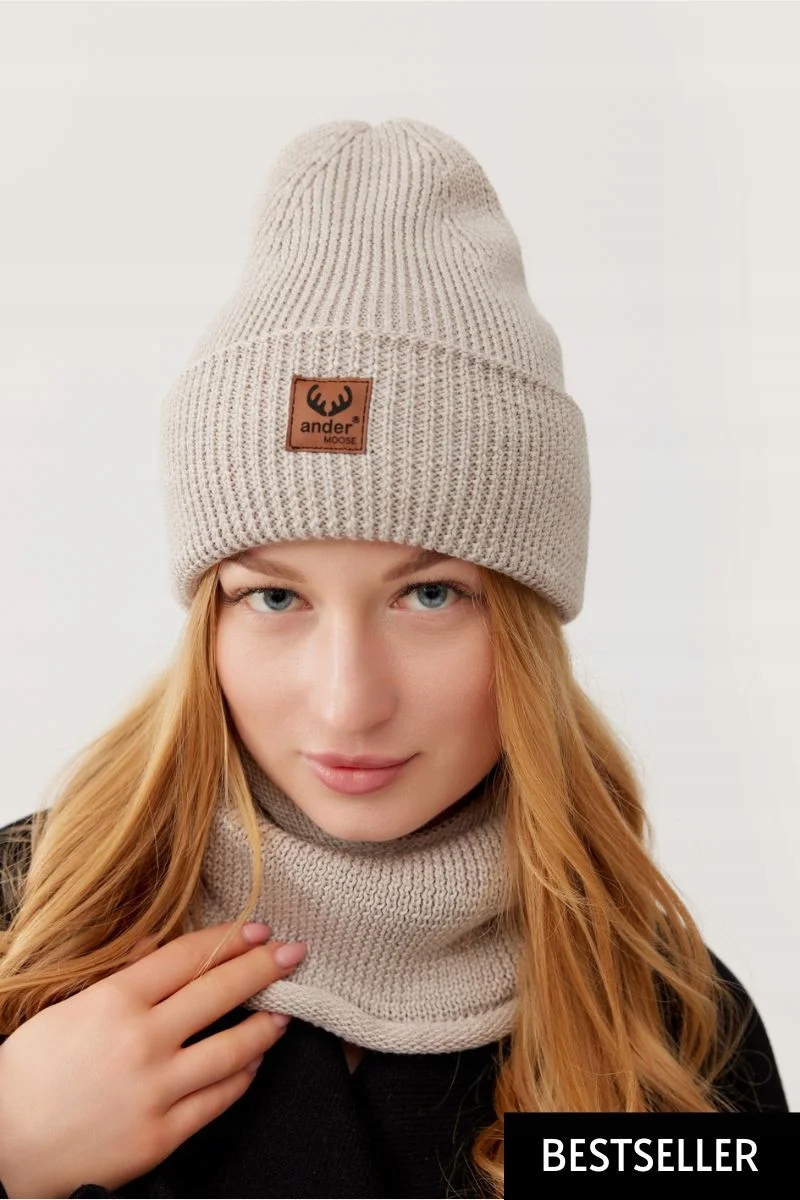 Sada čepice a nákrčník 100% merino vlna "brigid" Béžová