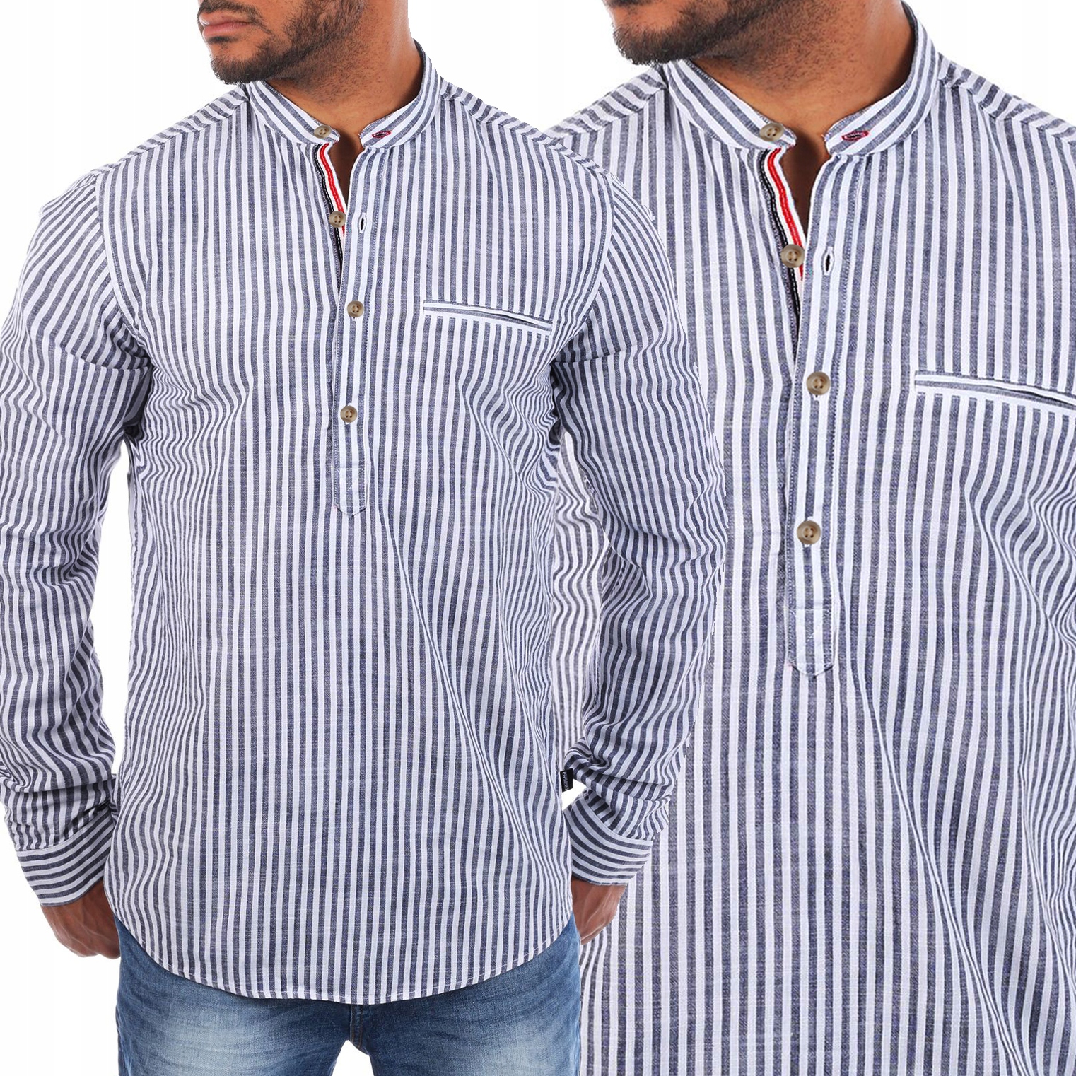 

Koszula Męska Stójka Casual w Paski Lniana Len