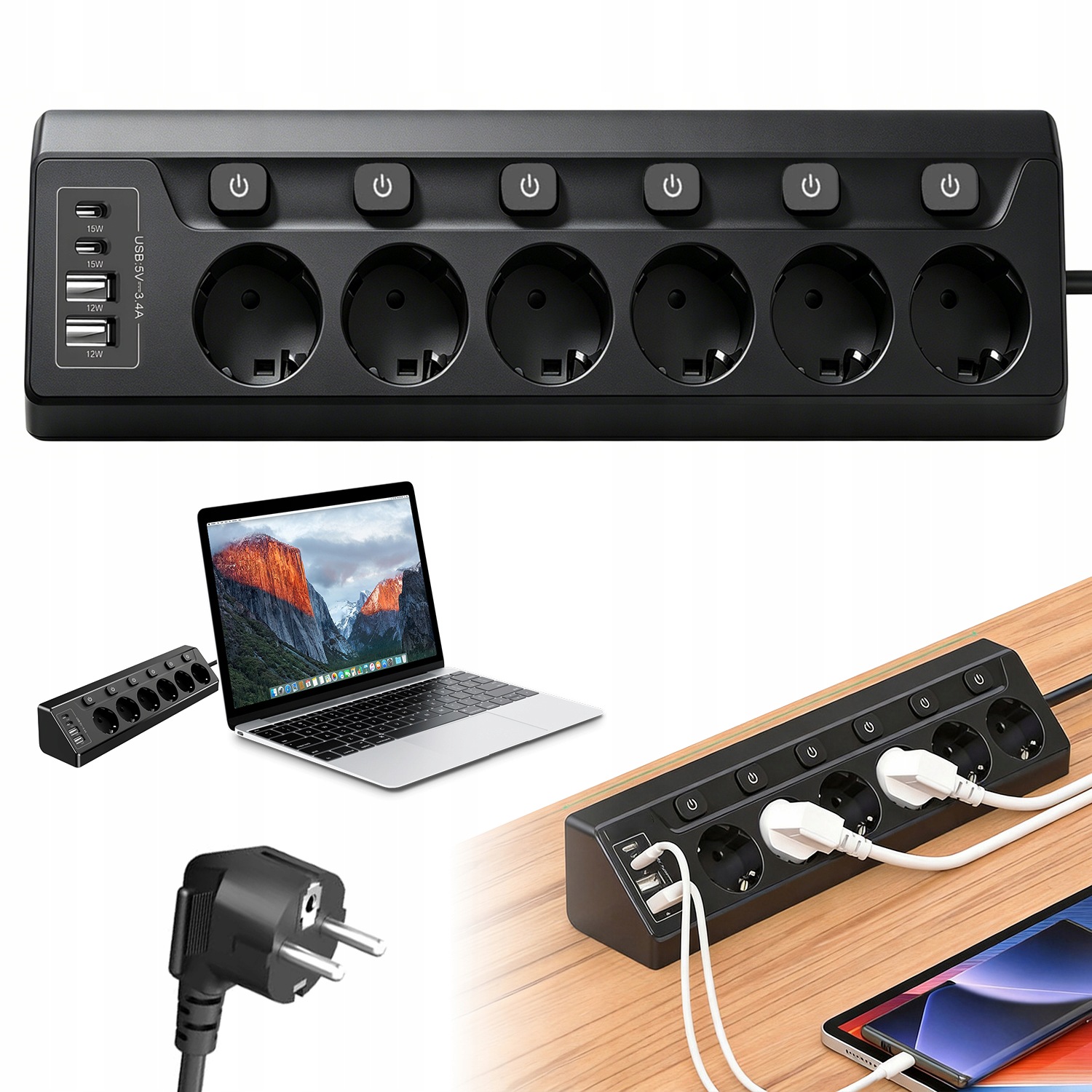 Zásuvková Lišta – 6 Zásuvek, 6 Vypínačů, Usb-c, Usb-a, Kabel 2 M
