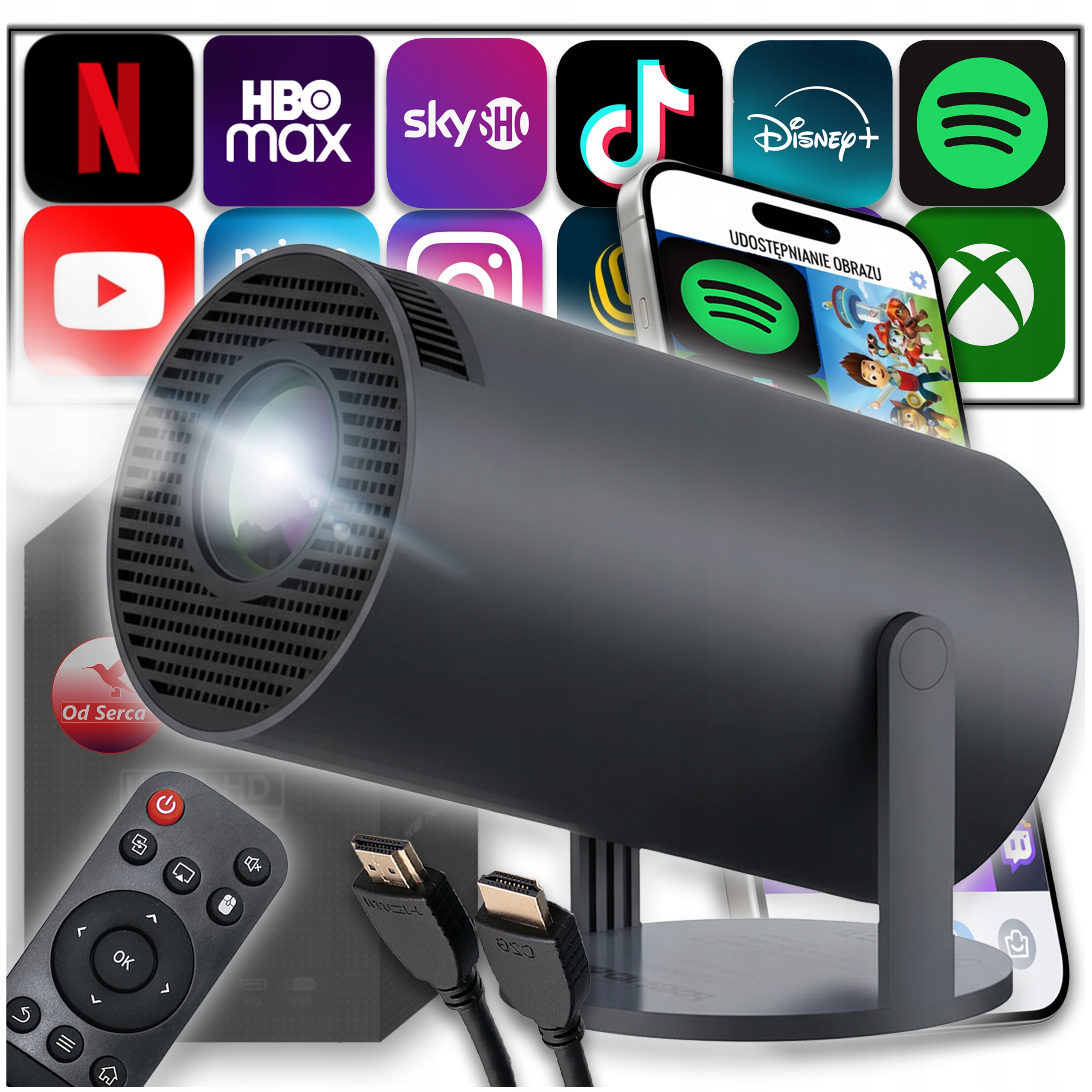 Projektor OdSerca LCD 720p czarny z Android 11, Wi-Fi, Bluetooth