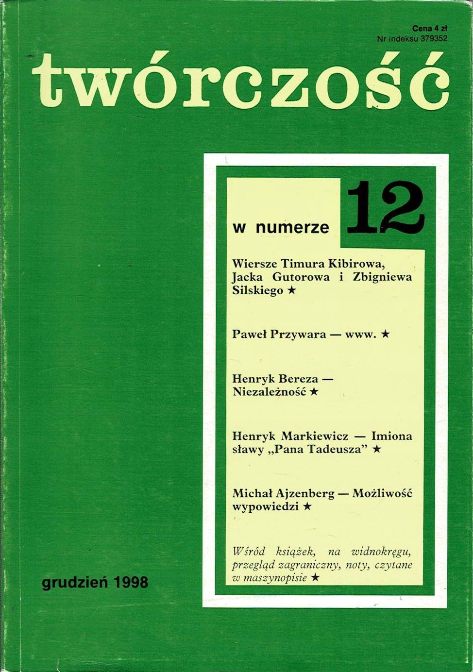 Twórczość nr 12/1998 Przywara Bereza Markiewicz