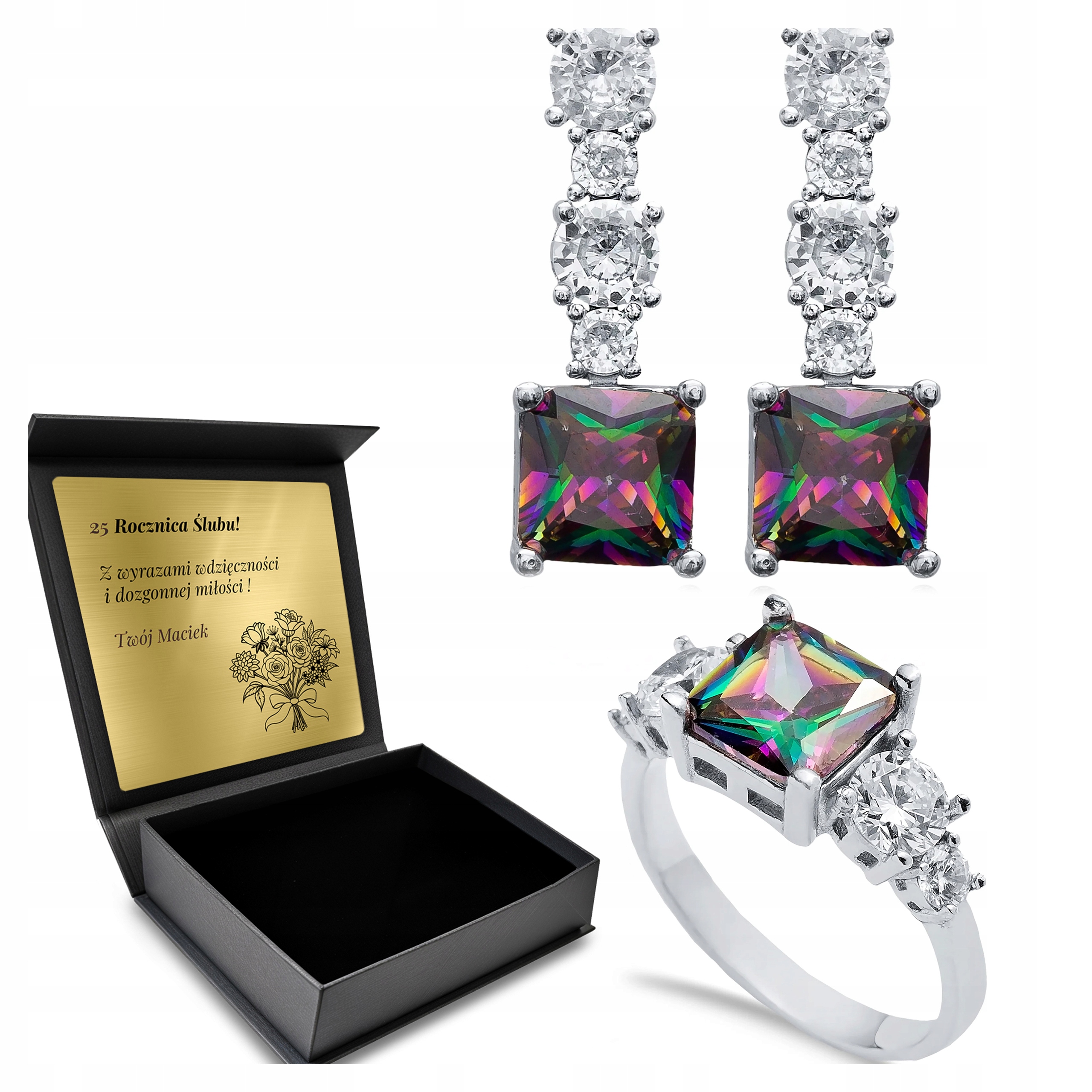 Komplet Stříbrných Šperků 925 Zirkony Topaz Dárek pro ženu Gravírování