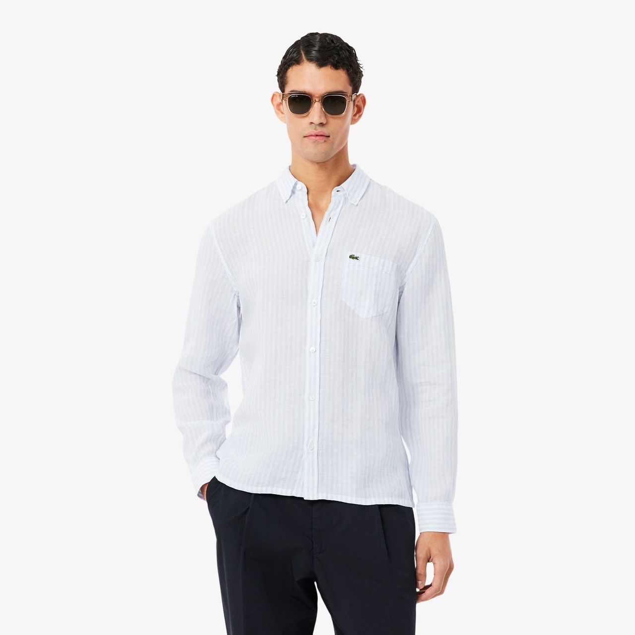 Lacoste Pánská pruhovaná lněná košile Bleu Clair 40 M