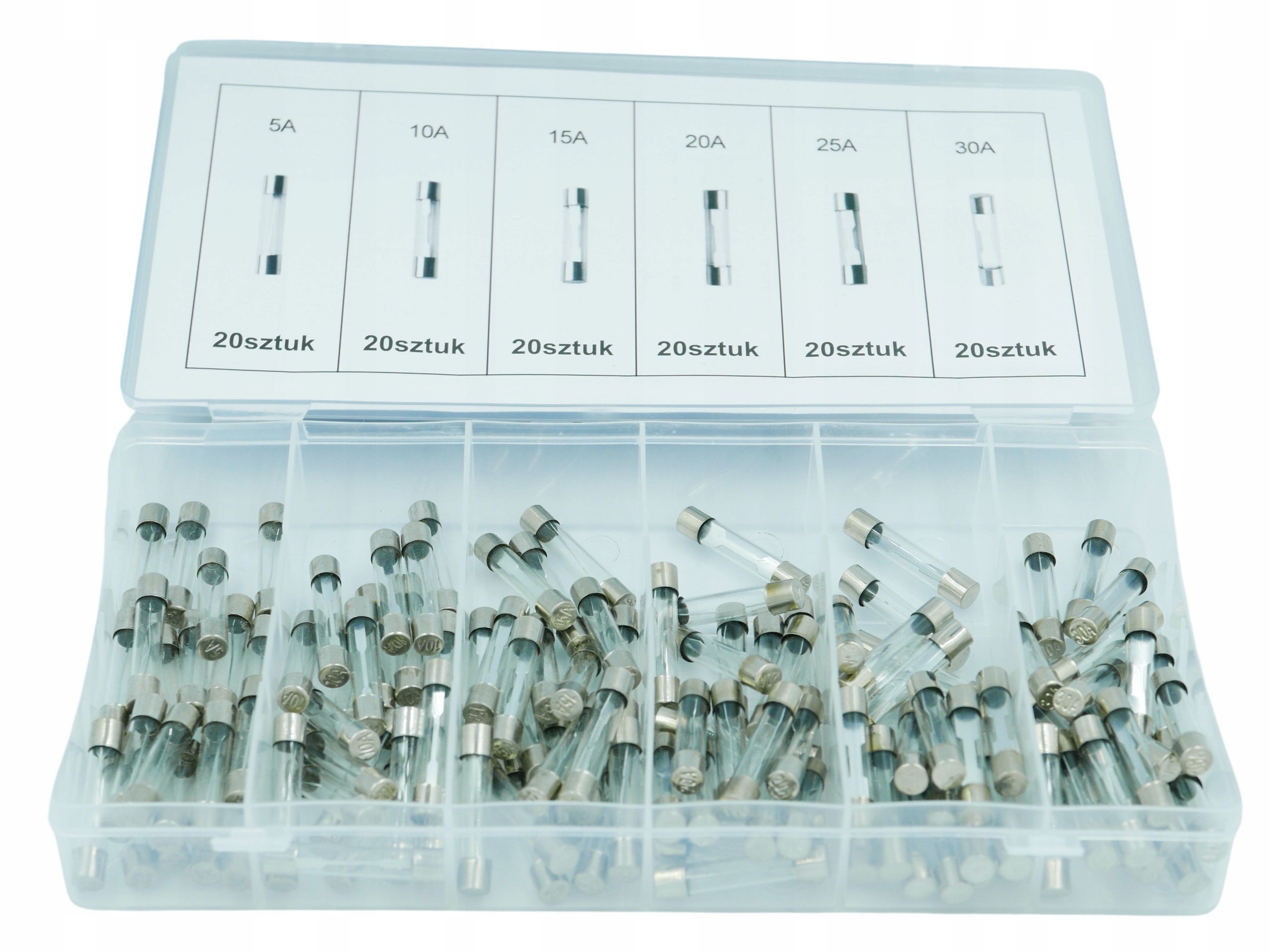 BEZPIECZNIKI 30mm SAMOCHODOWE TOPIKOWE SZKLANE 5-30A ZESTAW 120 SZT PUDEŁKO Producent Kraft&Dele