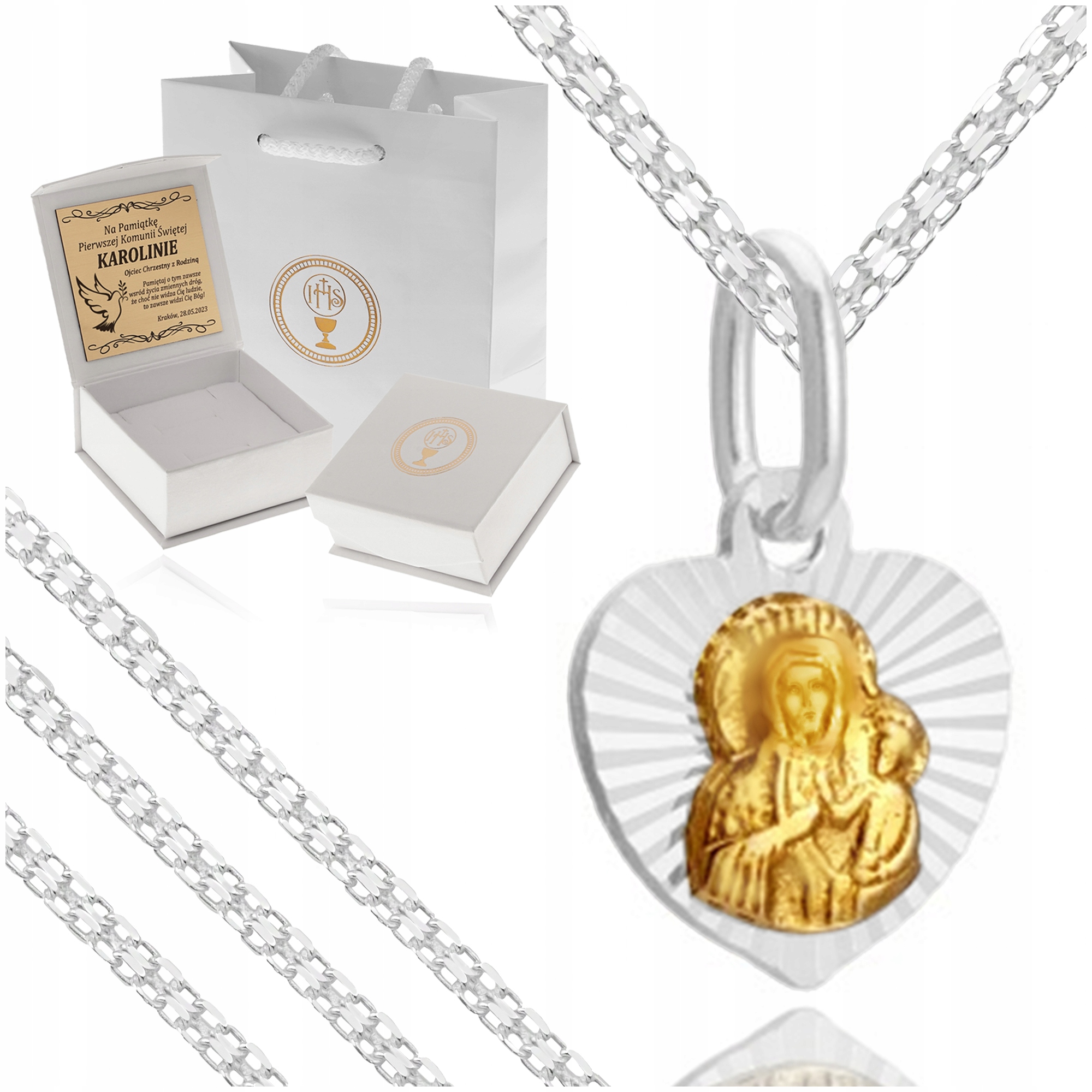 SREBRNY ŁAŃCUSZEK + MEDALIK MATKA BOSKA CZĘSTOCHOWSKA 925 / DLA DZIEWCZYNKI