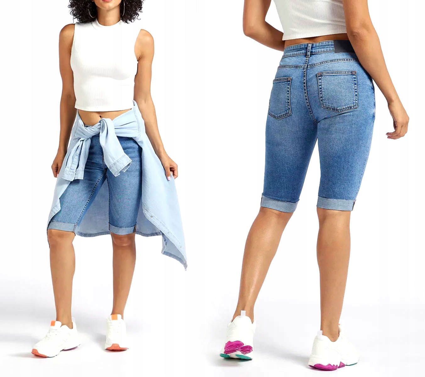 DAMSKIE RYBACZKI SPODENKI CAPRI DO KOLAN DUŻE ROZMIARY JEANSOWE SZORTY DUŻY