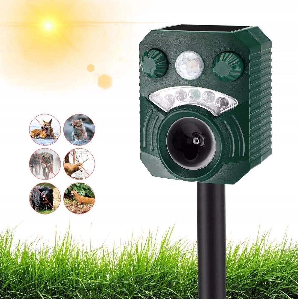 Ultradźwiękowy Odstraszacz Kotów Psów Kun Lisów Dzików Saren Solarny 5 Tryb