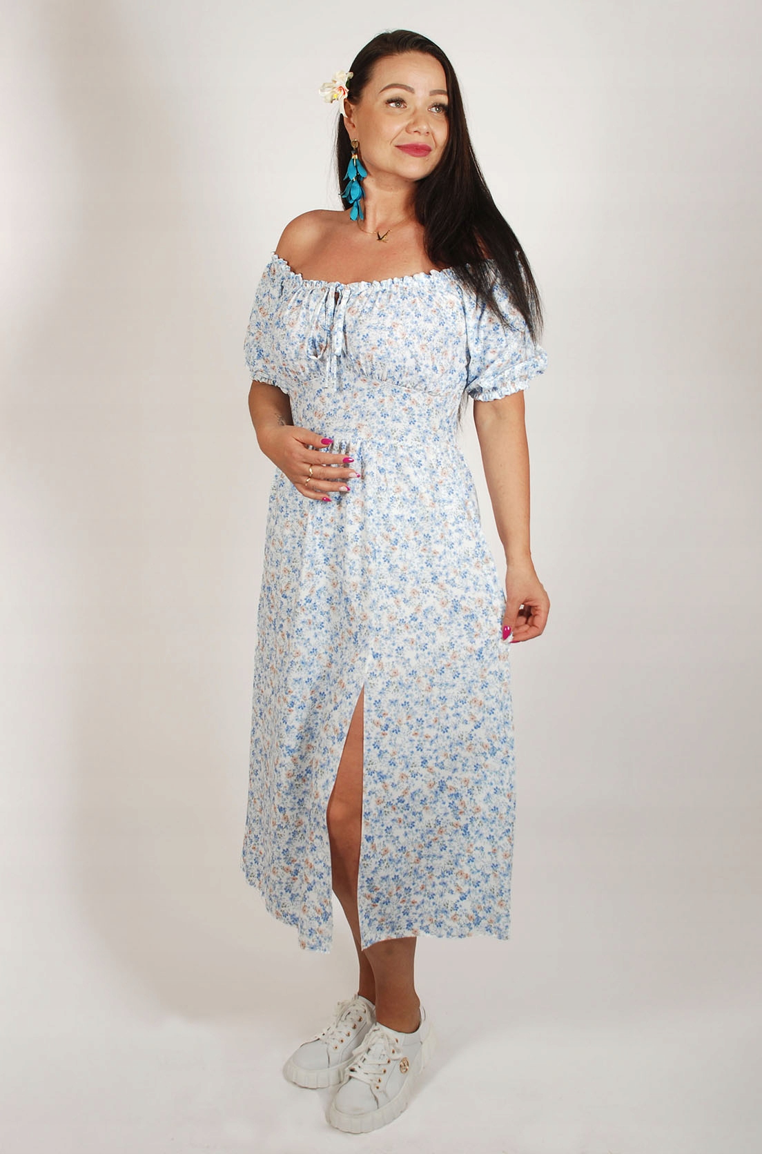 Italská Šaty Maxi Španělka Květiny Rozparek Vyrobeno v Itálii Bílá 36-42