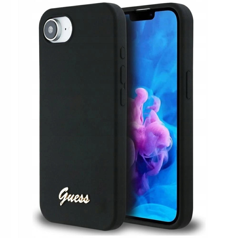 Pouzdro Guess Silicone Script Metal Logo MagSafe pro iPhone 16e černé
