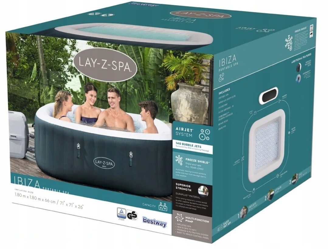 BESTWAY 60015 SPA 6 OS. 180x66 cm IBIZA HYDROMASAŻ CHLOR FILTRY UCHWYT Kształt kwadratowy