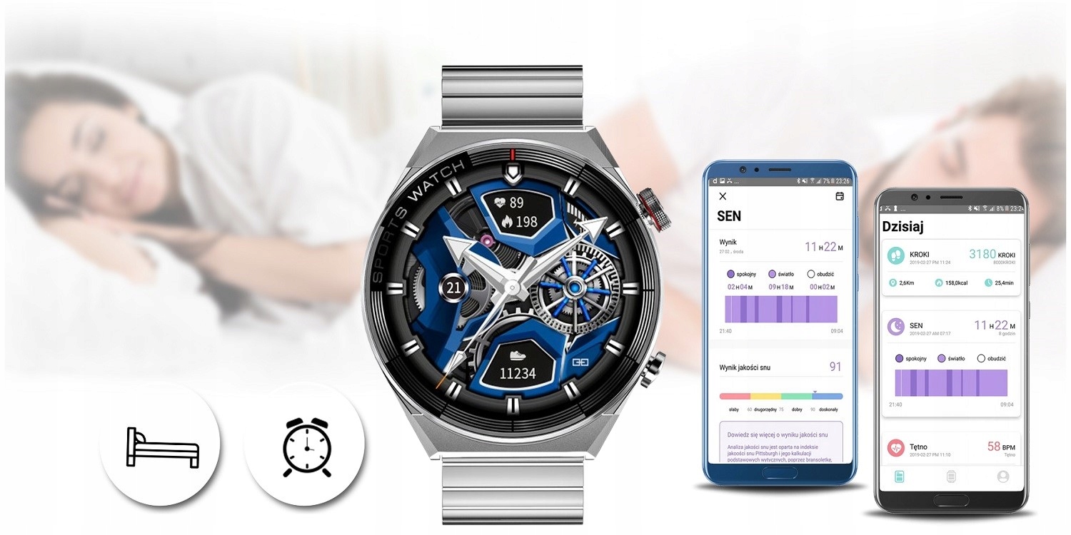 SMARTWATCH MĘSKI ROZMOWY MENU PL SPORTOWY KROKI Transmisja danych brak
