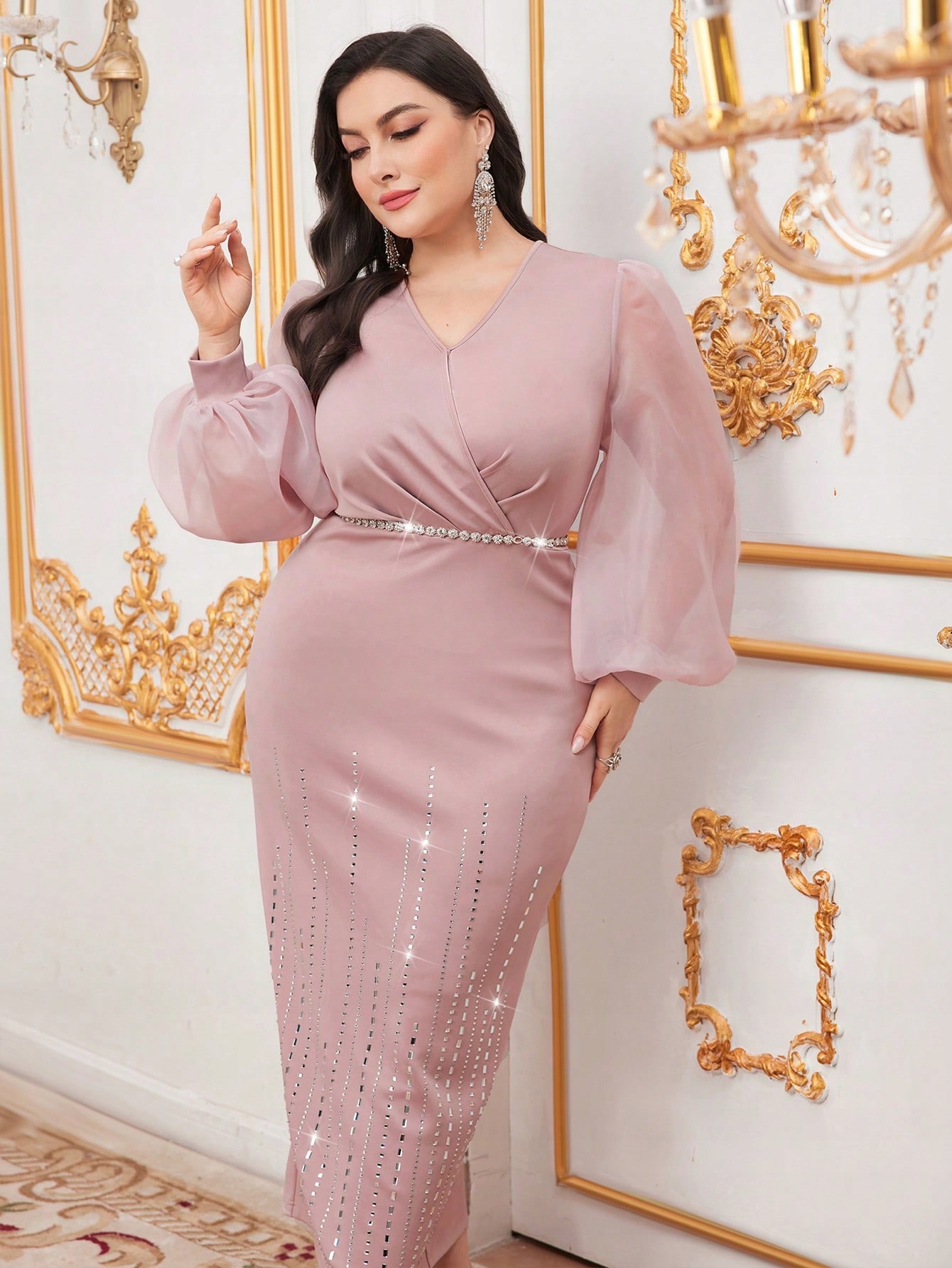 Šaty Maxi Elegantní Růžové S Výstřihem Do V, Dlouhý Rukáv A Zirkony 5XL 50