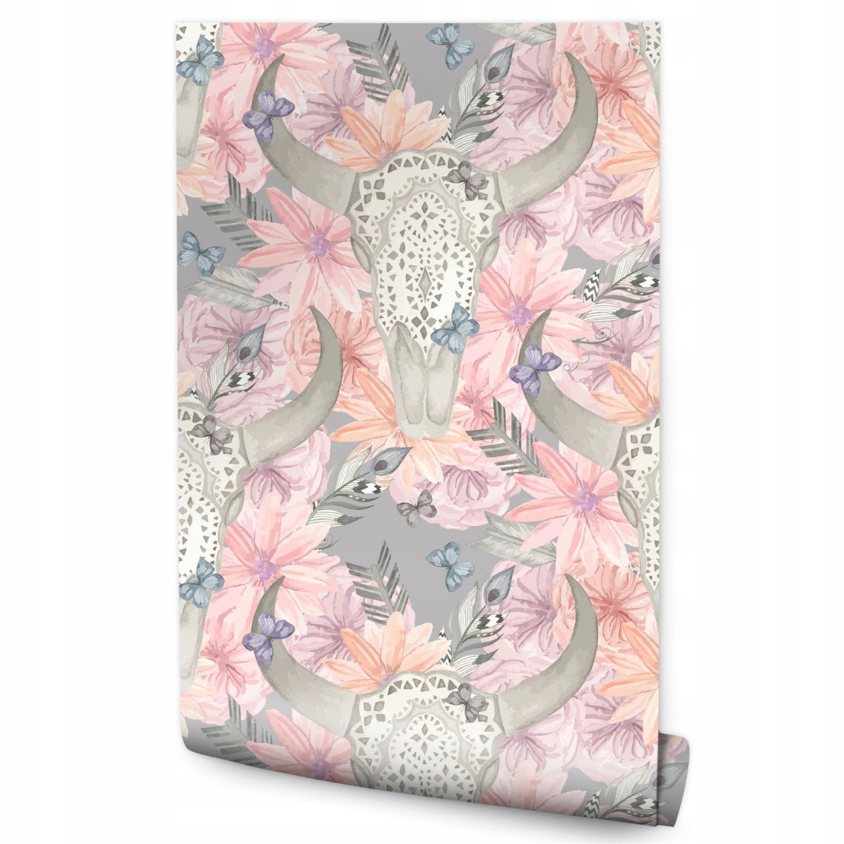 Tapeta v roli Boho Květiny Lebky Peří Dekorace