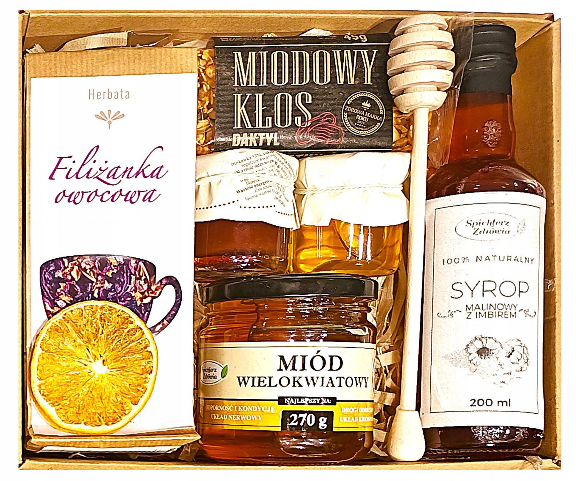 Levně Koš Dárková Sada Dárek Dárkové Balení Čaje Malina Med Sirup Zavařenina