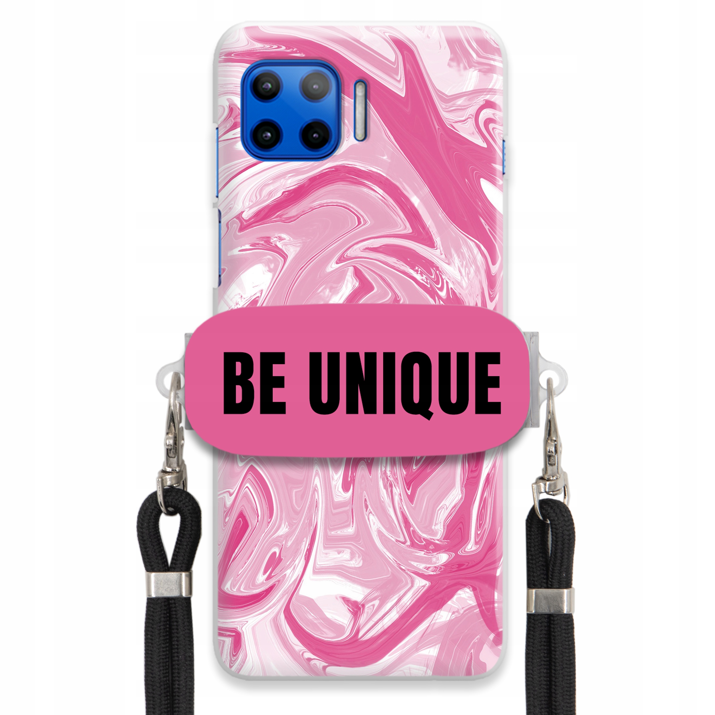 Puzdro pre Motorola G 5G Plus Case držiak na šnúrku Čierna ružová Mramor Unique