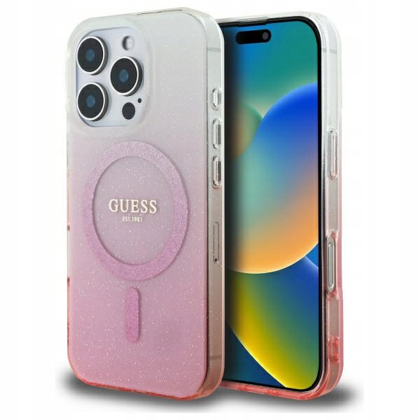 Pouzdro Guess pro iPhone 16 Pro 6.3" růžové IML Glitter Gradient MagSafe