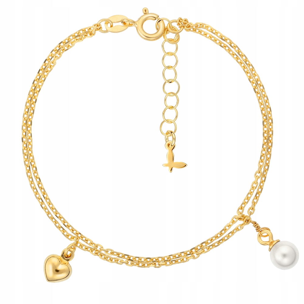 Bransoletka Pozłacana Podwójna Zawieszka Serce Perła Srebro 925 Sadva
