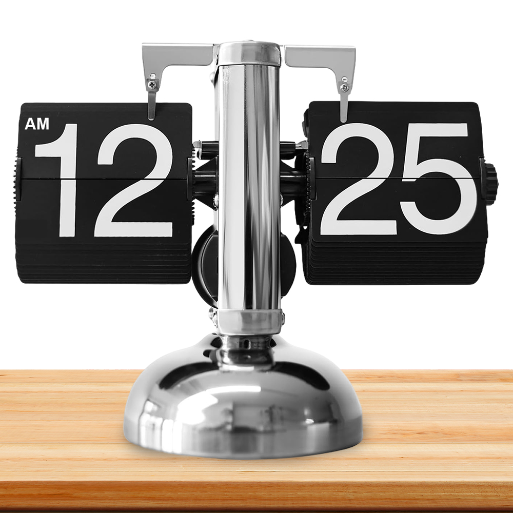 Stříbrný Stojící Klapkový 24 Hodinový Retro Stolní Hodinový Stroj Do Obývacího Pokoje, Ložnice, Kanceláře
